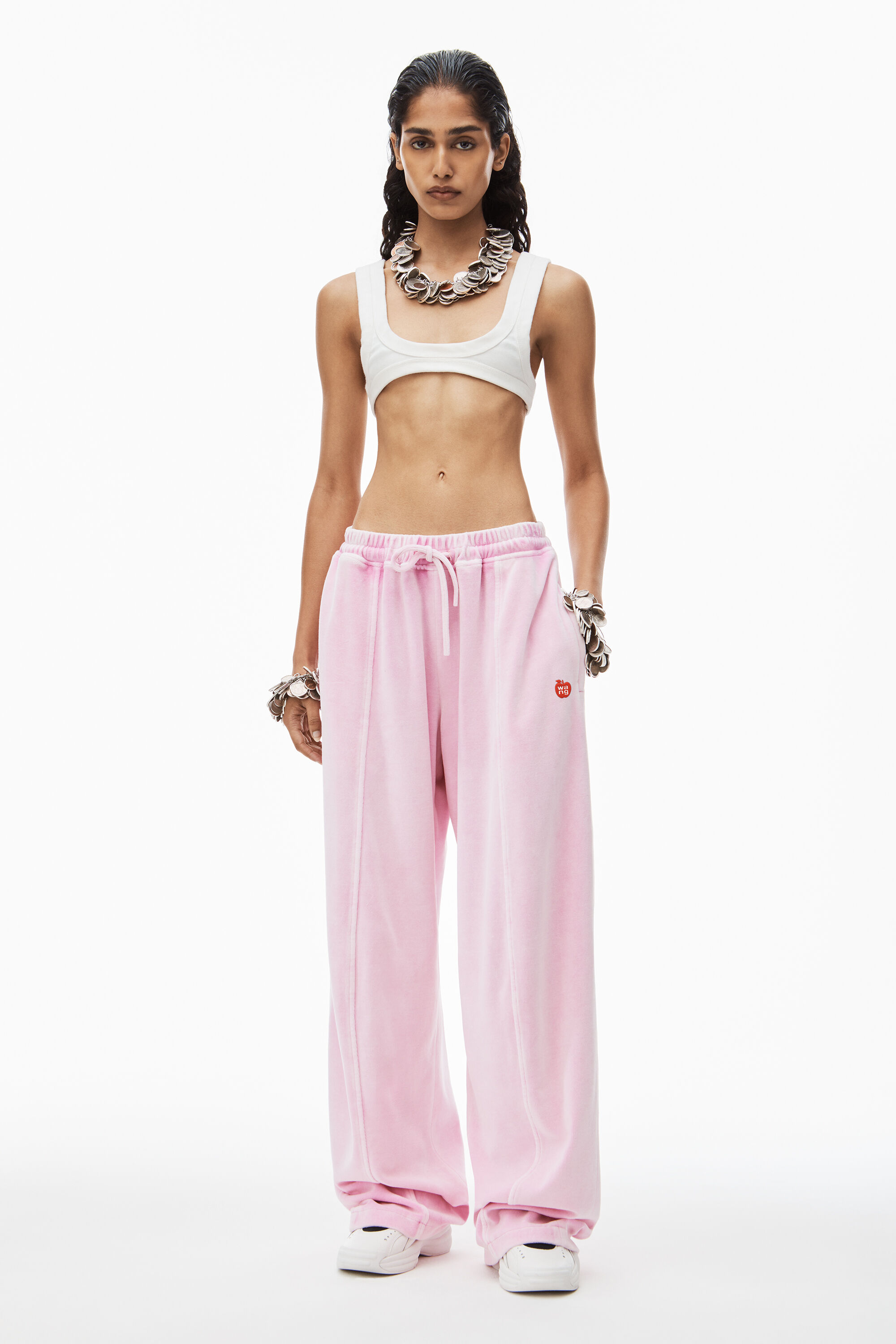 alexanderwang apple logo track pant in velour WASHED CANDY PINK 