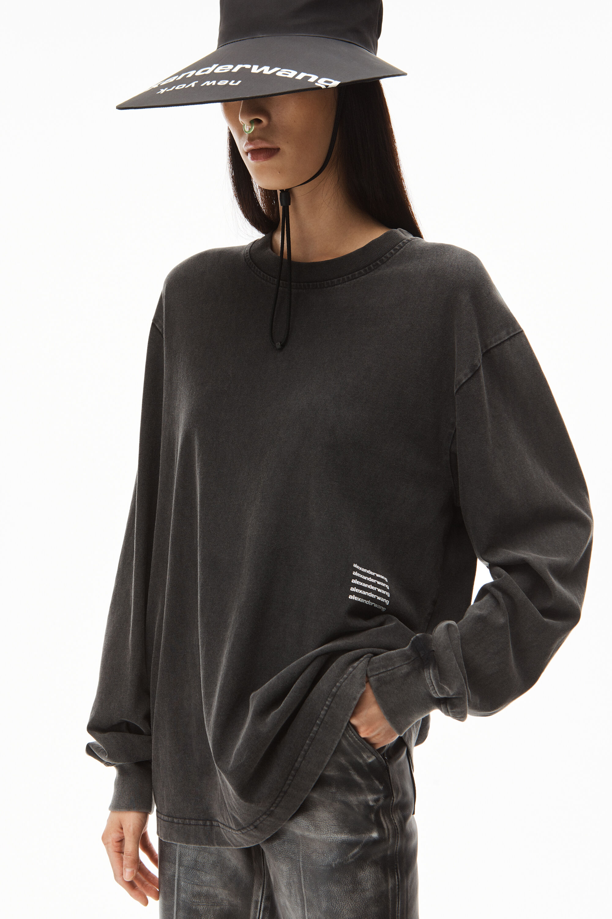 alexanderwang LONG-SLEEVE TEE IN ACID WASH COTTON ACID BLACK