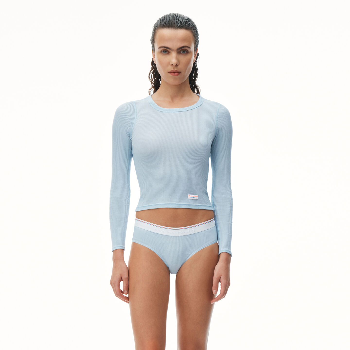 Alexander Wang Long-sleeve Tee In Ribbed Cotton In Blue Pearl