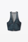 Alexander Wang black crackle indigo gilet stile biker in denim di cotone con strass trasparenti termoapplicati