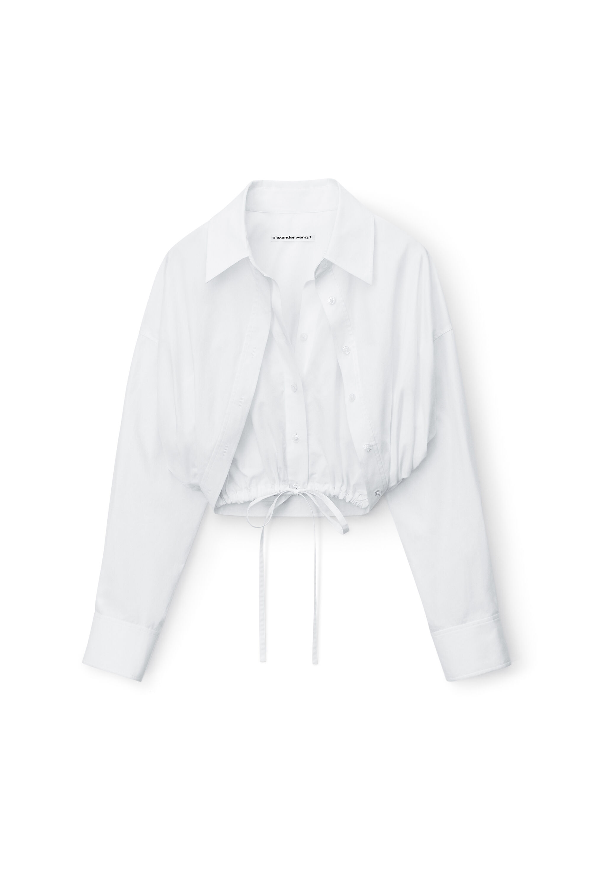 double layered cropped shirt in compact cotton with tie waistband 