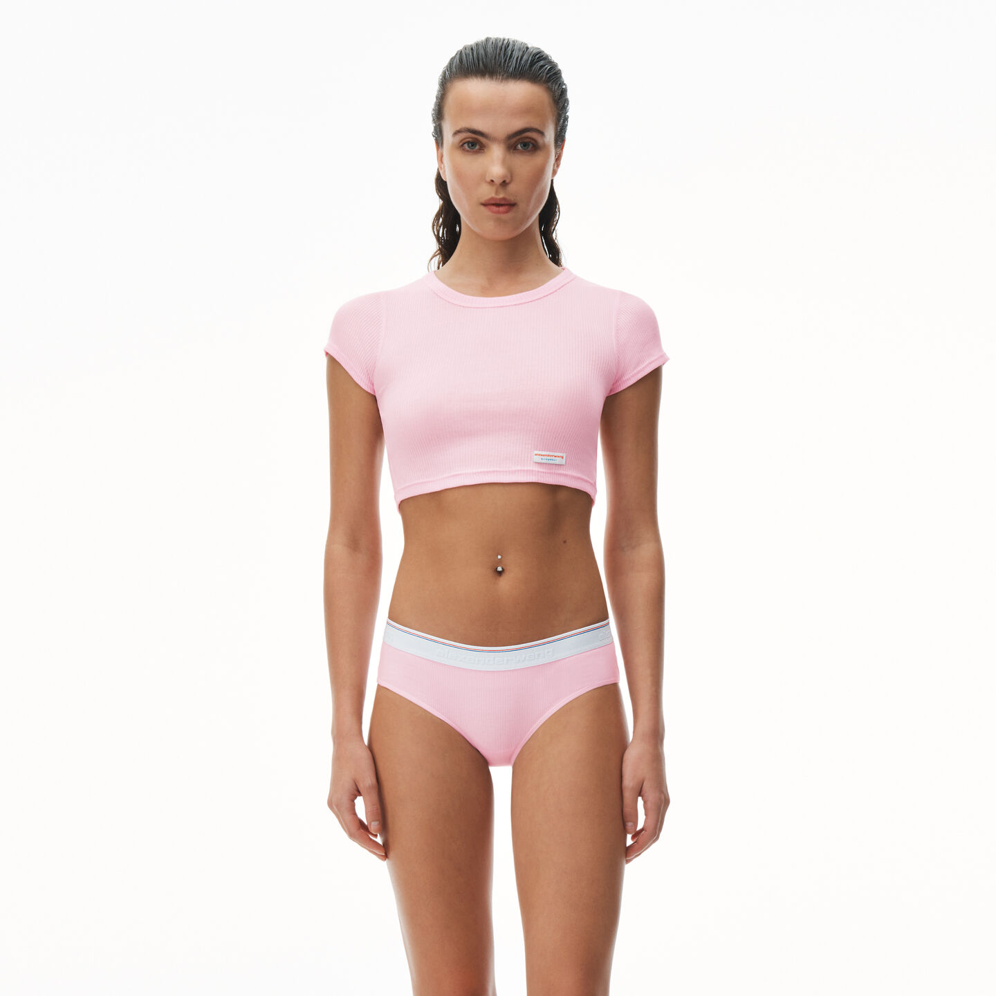 Alexander Wang Cropped Short Sleeve Tee In Ribbed Cotton In Light Pink