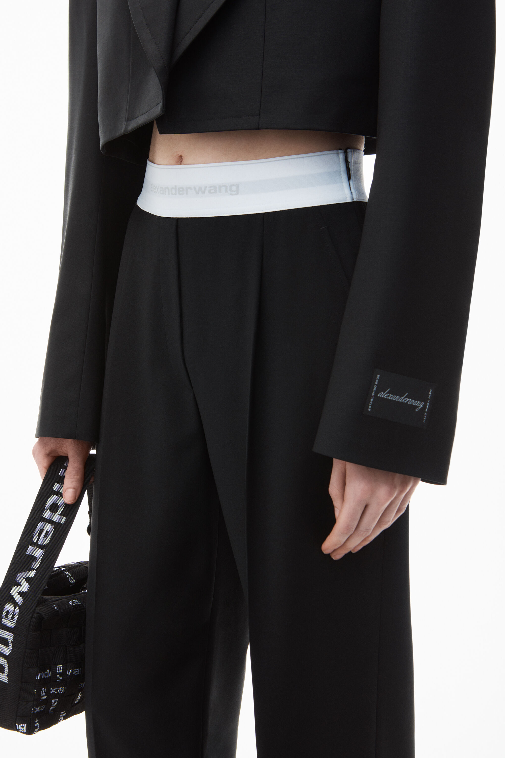 High-Waist Pleated Pant with Logo Elastic in BLACK | alexanderwang®