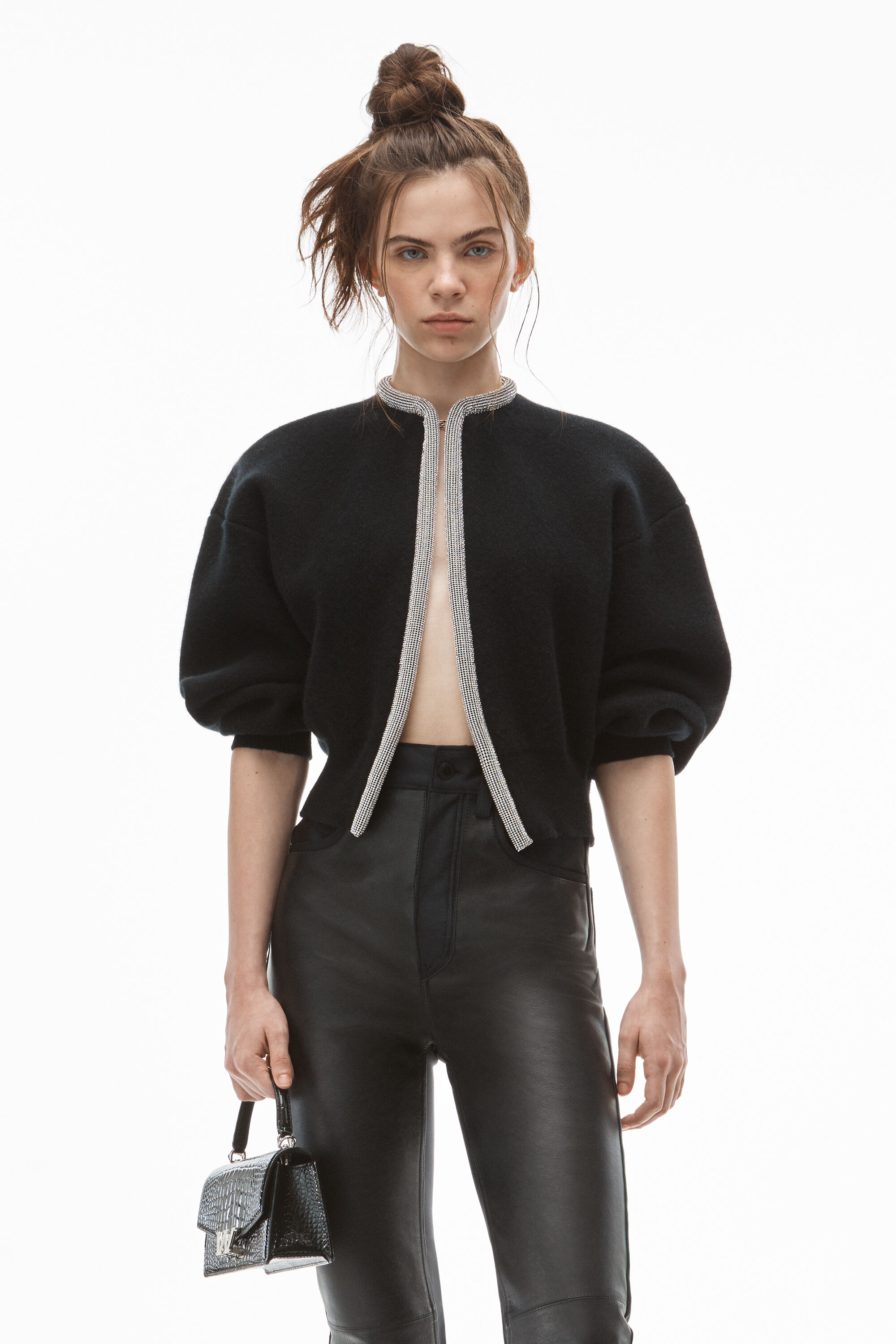 alexanderwang CROP CRYSTAL PLACKET CARDIGAN IN WOOL BLACK