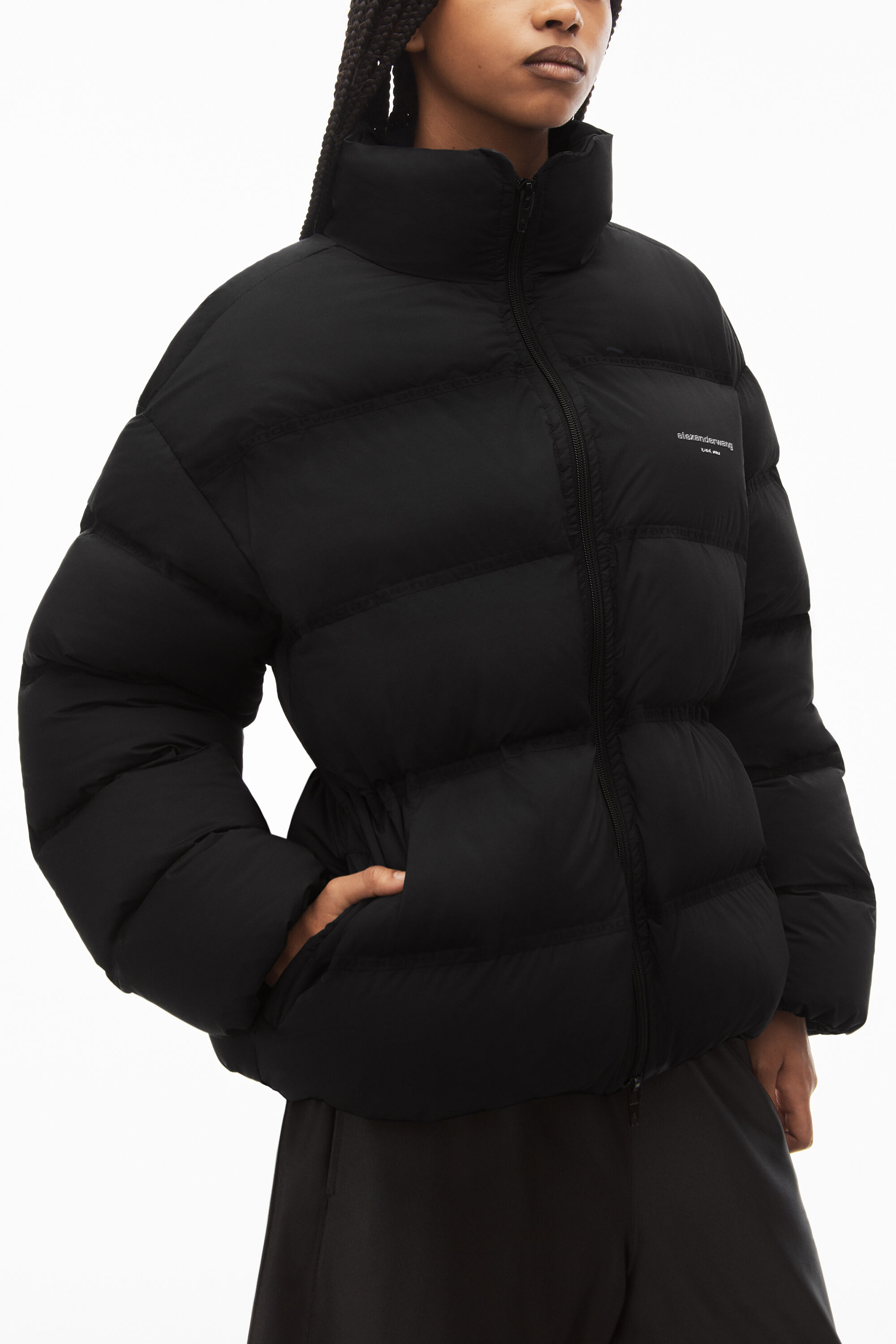 puffer coat with reflective logo in BLACK li class product details accordion list item adjustable fit alexanderwang