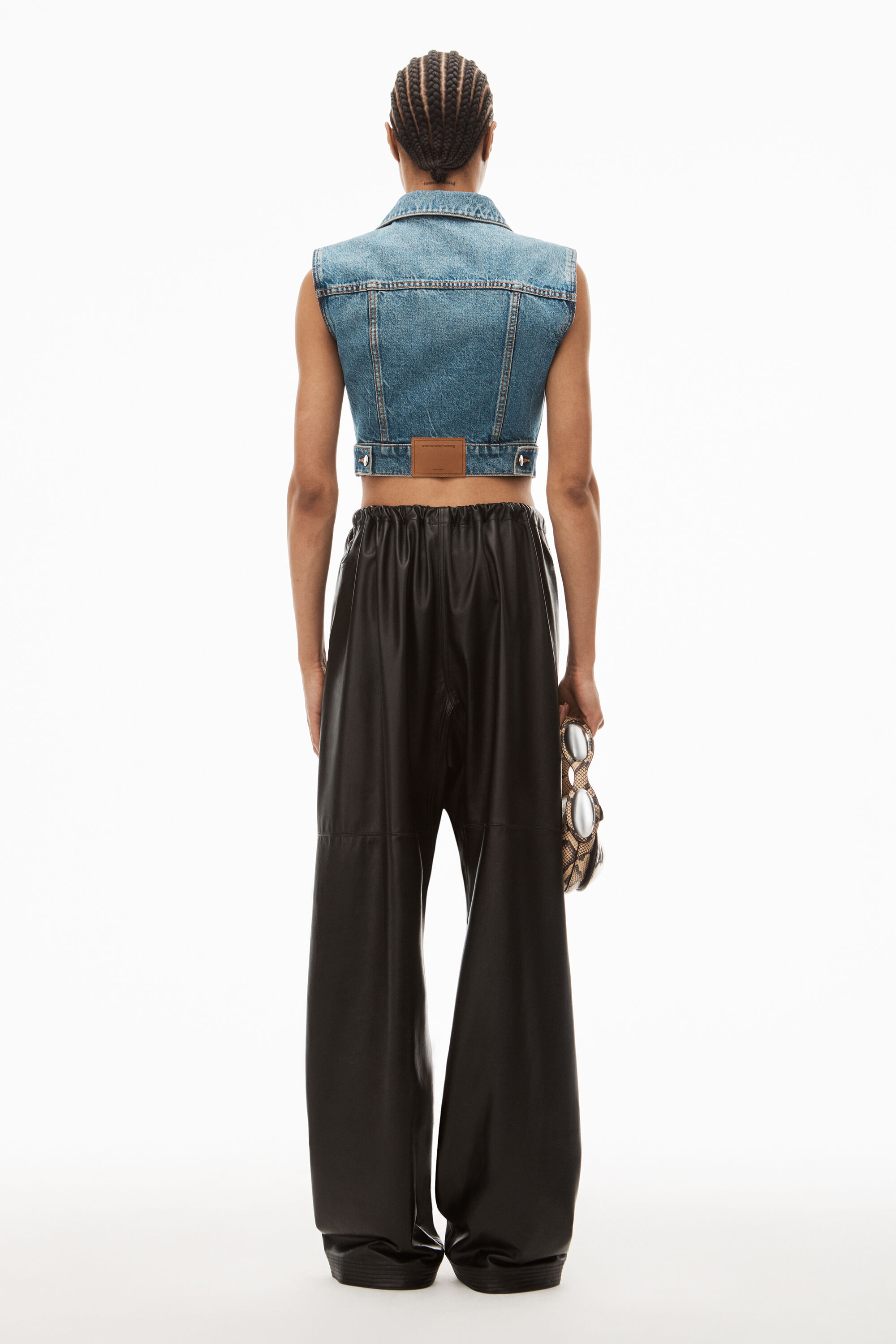 alexanderwang SHRUNKEN TRUCKER VEST IN DENIM VINTAGE MEDIUM INDIGO 