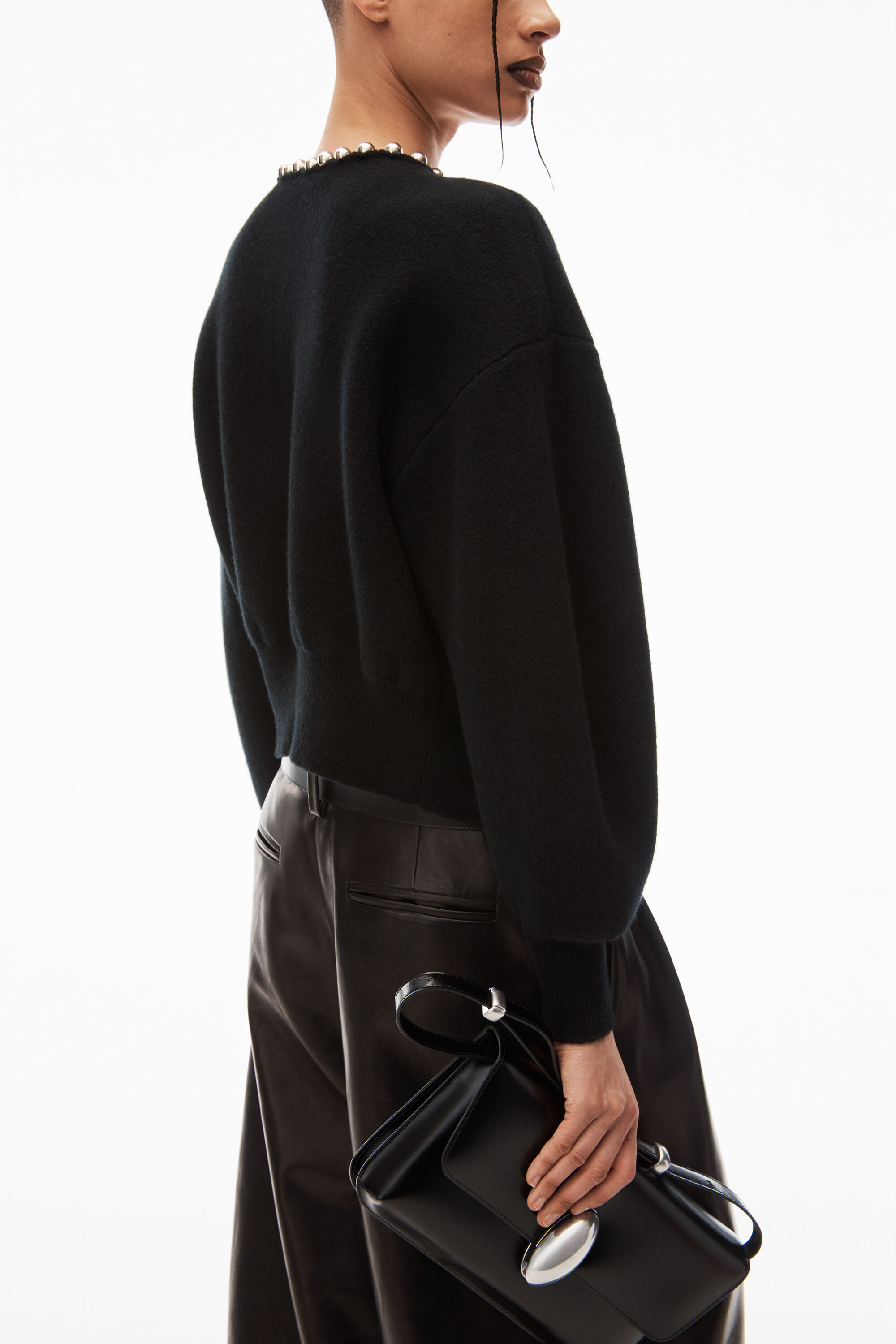crewneck cardigan with ball chain trim in BLACK | alexanderwang®