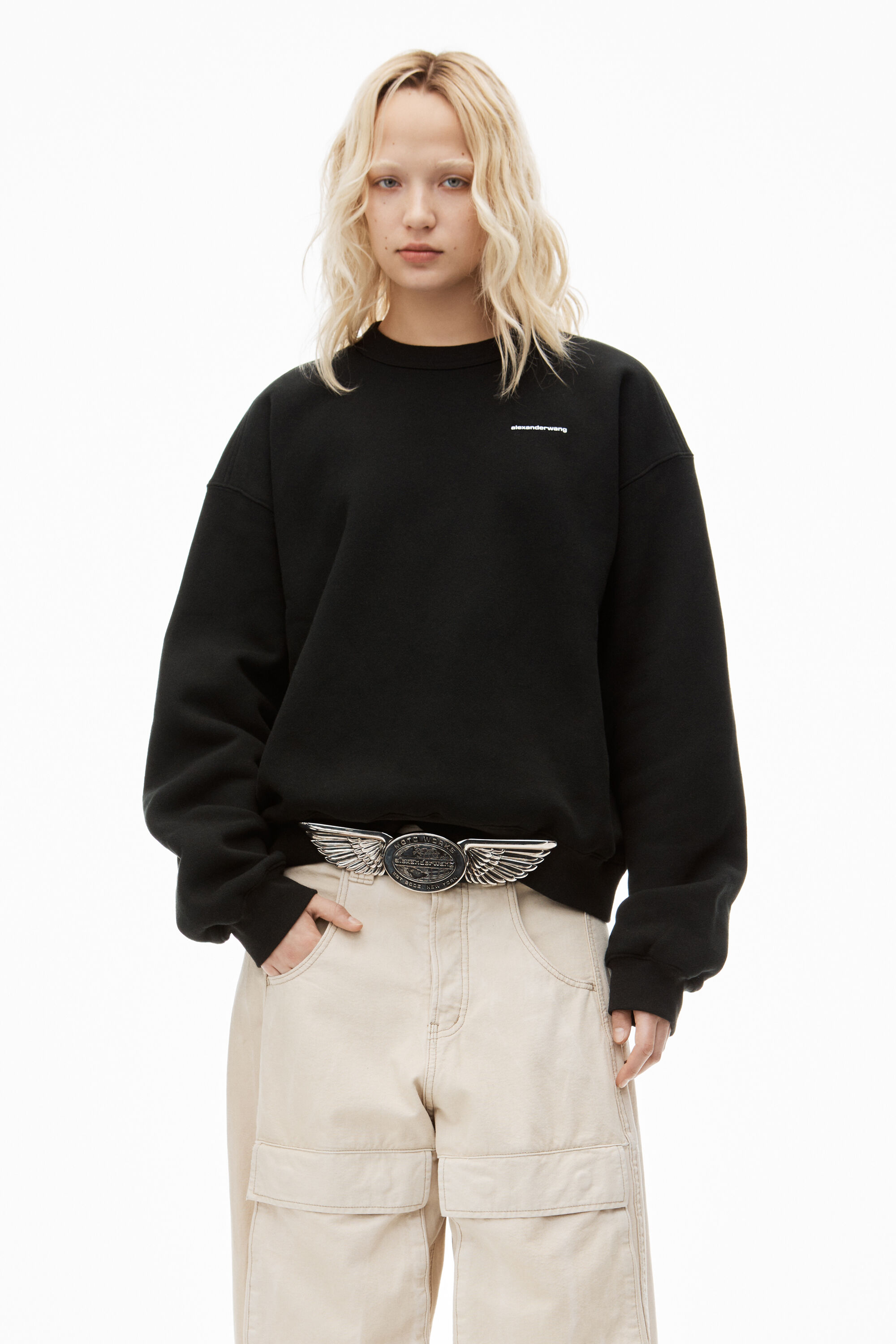 CREWNECK PULLOVER IN DENSE FLEECE in BLACK | <li class=