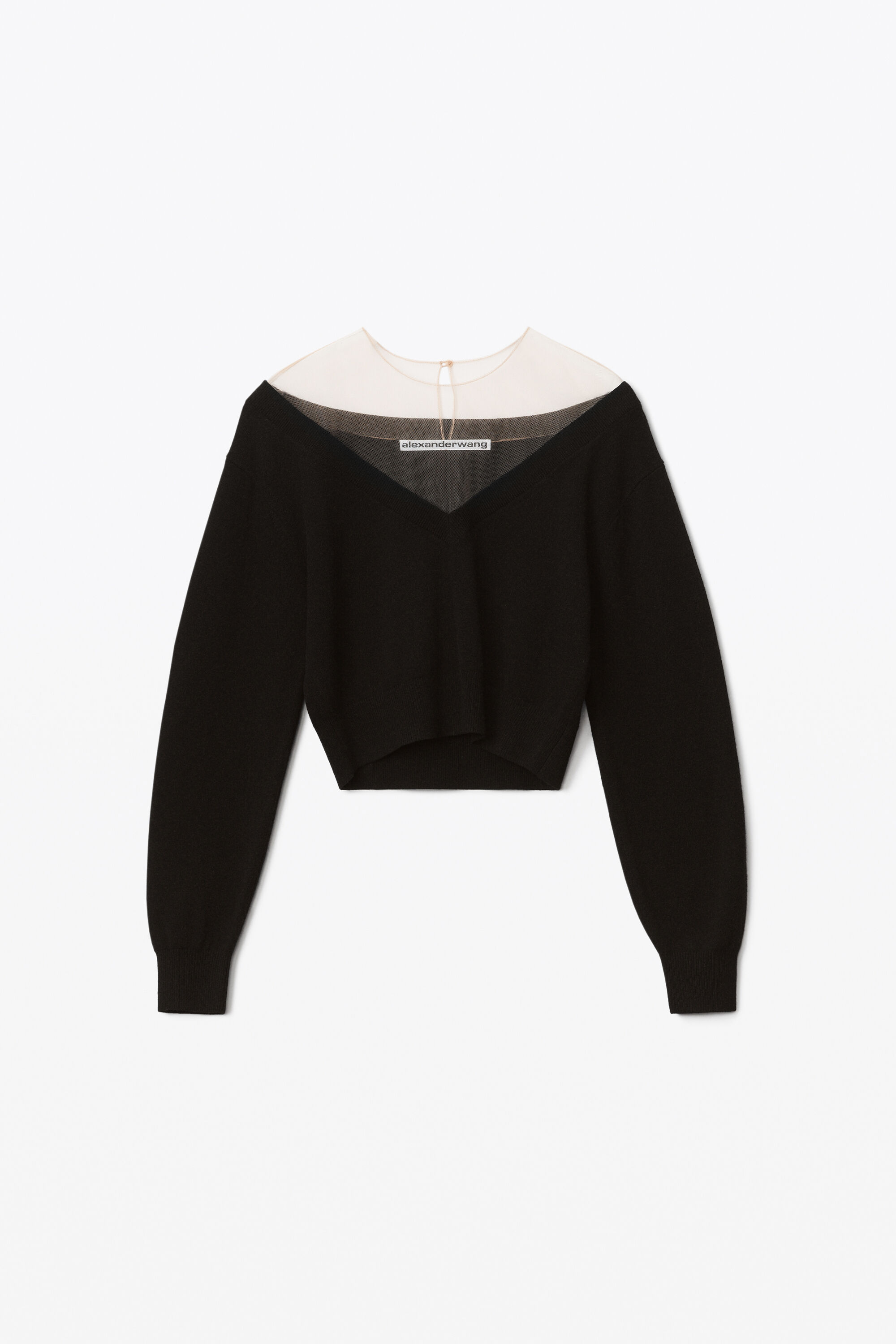 alexanderwang CROP TOP IN ILLUSION TULLE WOOL CASHMERE BLACK