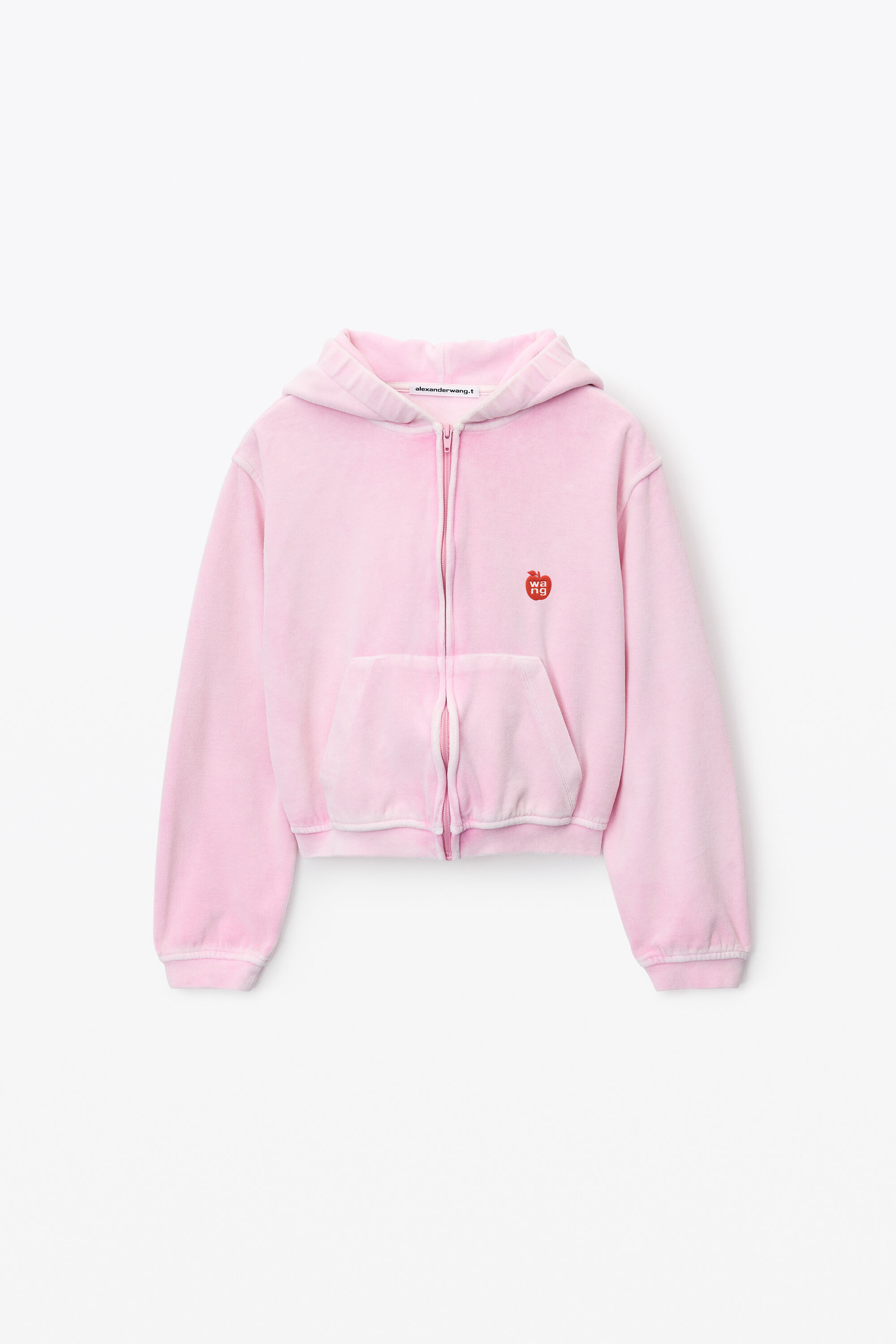 apple logo shrunken zip up hoodie in velour in WASHED CANDY PINK 