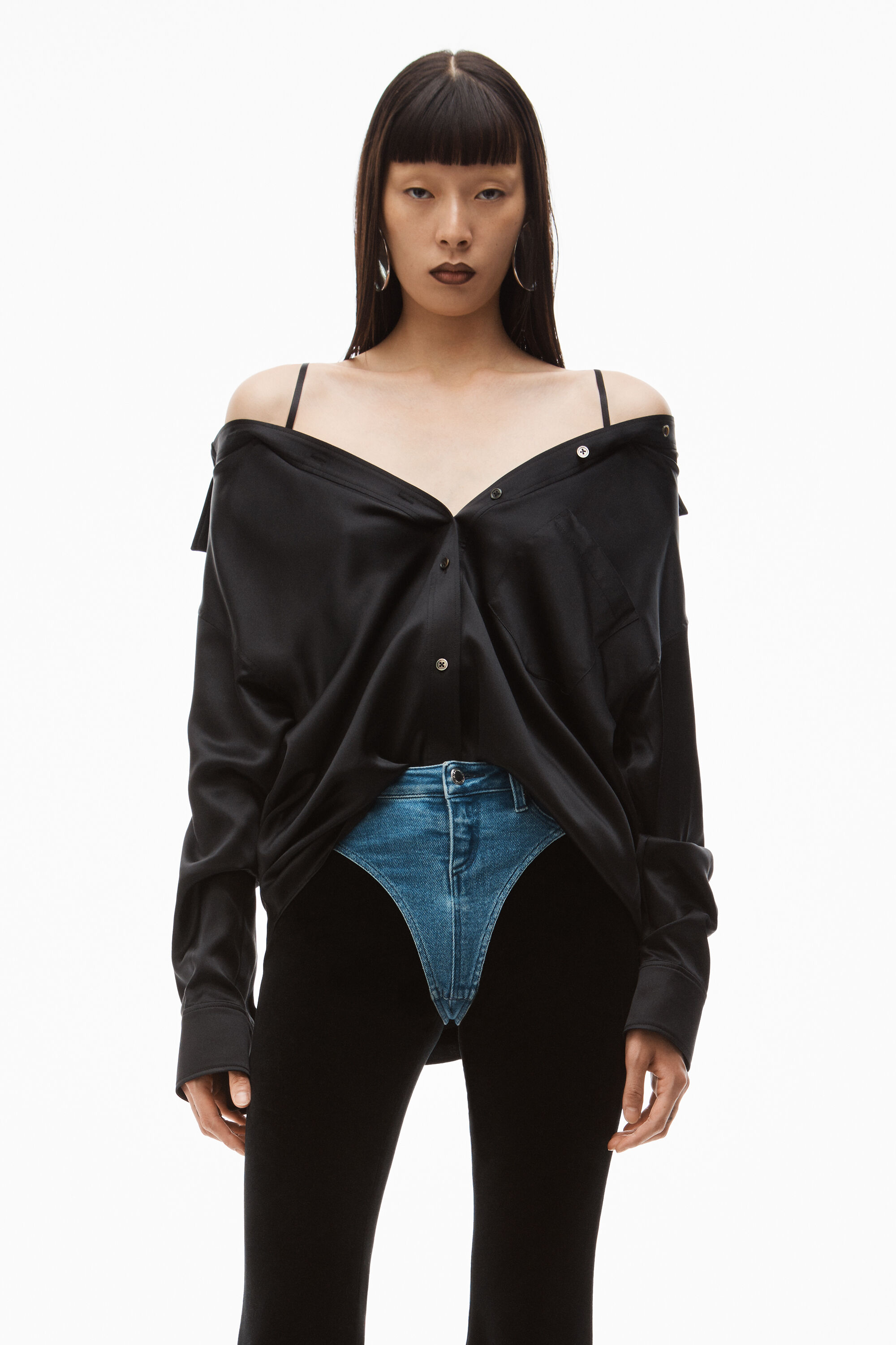 alexanderwang OFF-SHOULDER SHIRT IN SILK CHARMEUSE BLACK