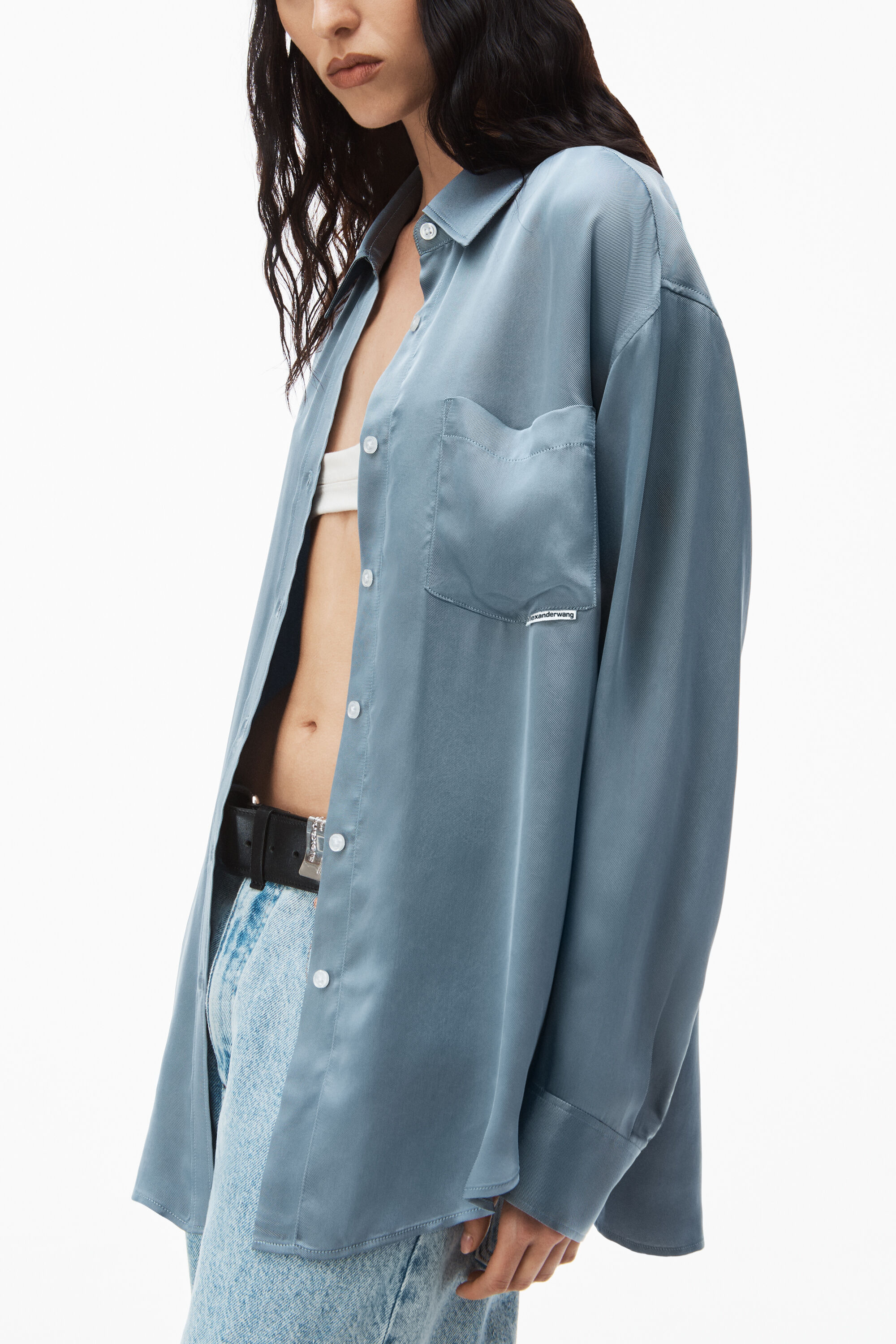 boyfriend shirt in shiny cupro in OXFORD BLUE/BLACK | alexanderwang®