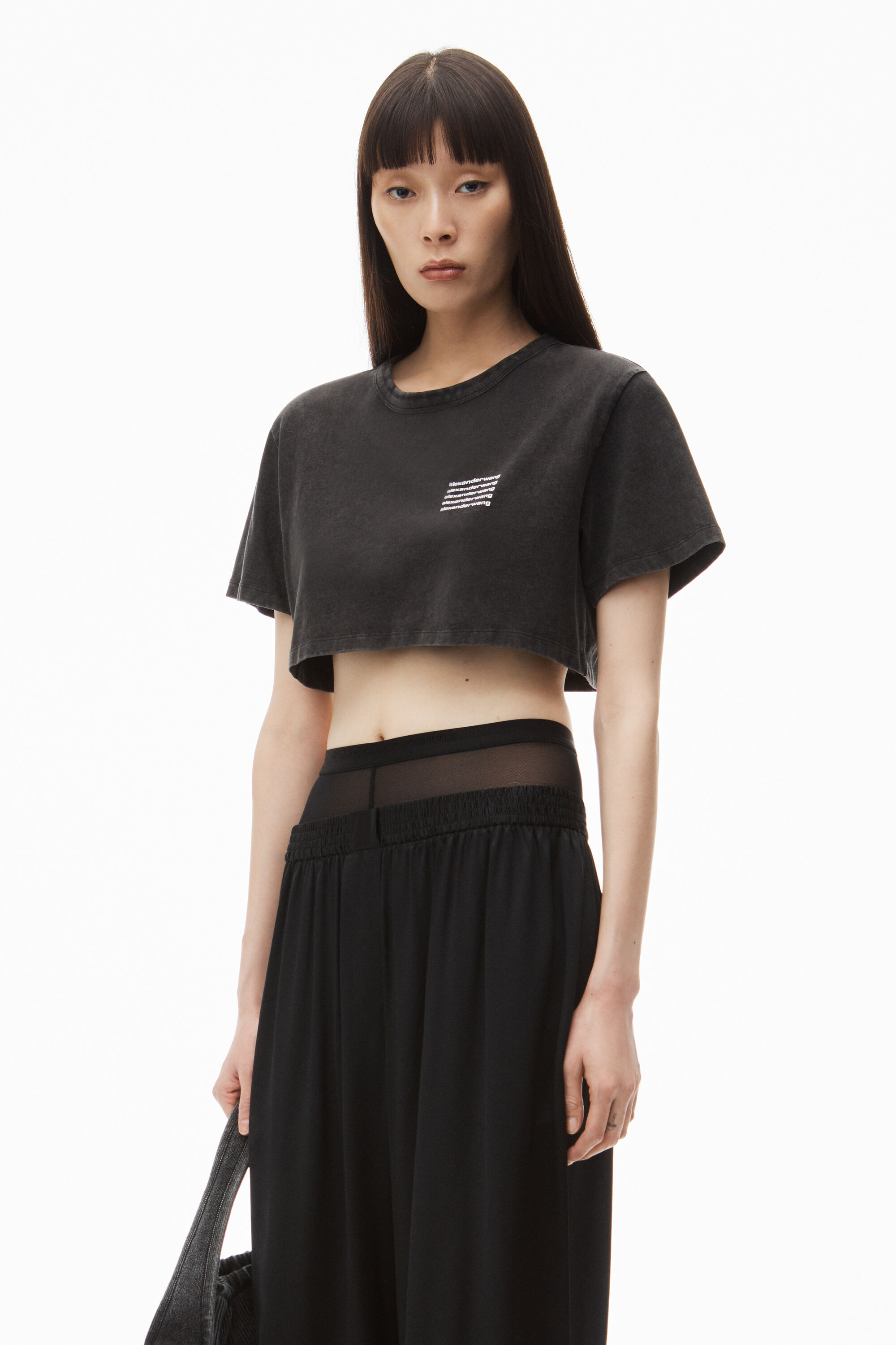 alexanderwang CROP TEE IN ACID WASH JERSEY ACID BLACK