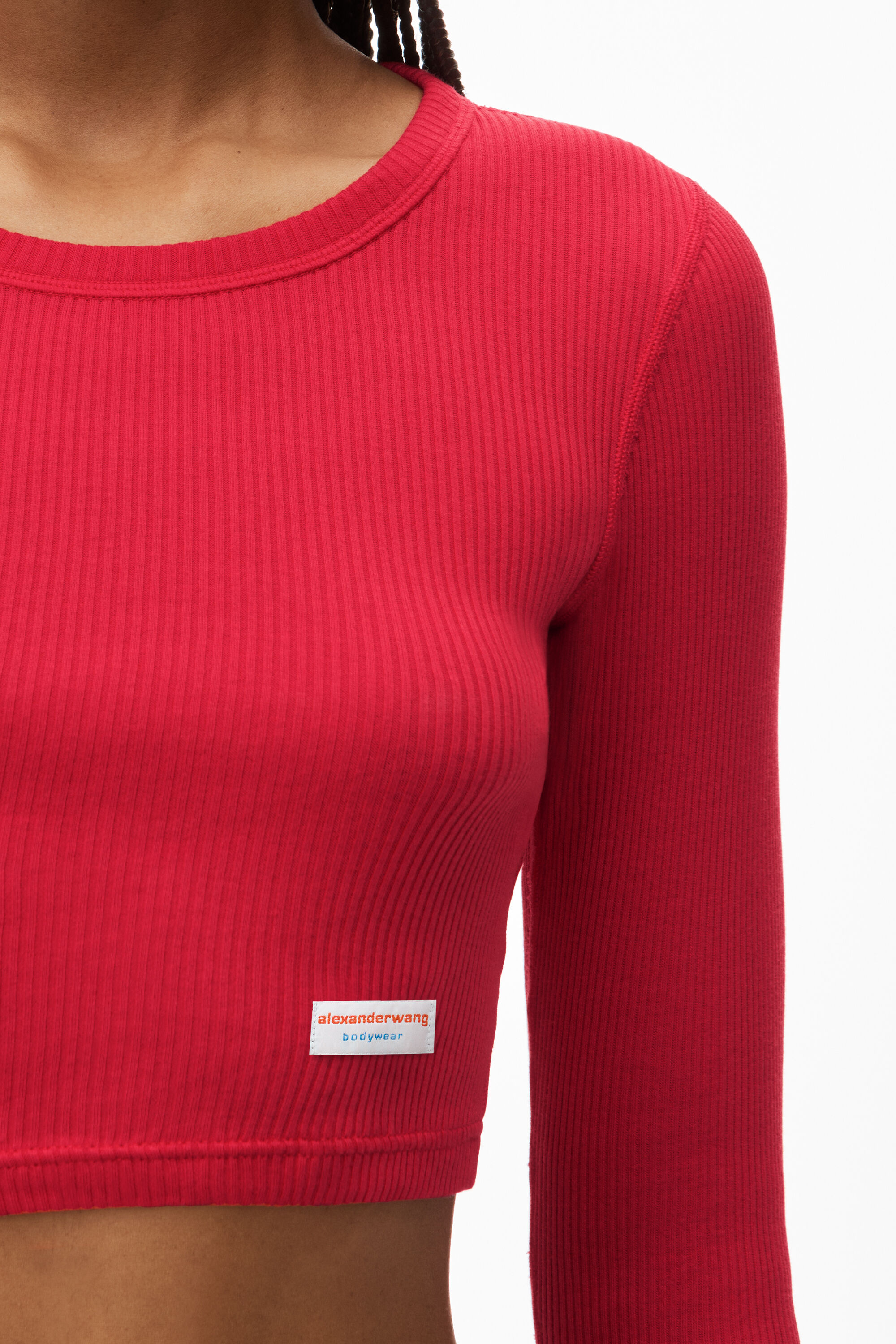 Cropped Long-Sleeve Tee in Ribbed Cotton Jersey in BARBERRY 