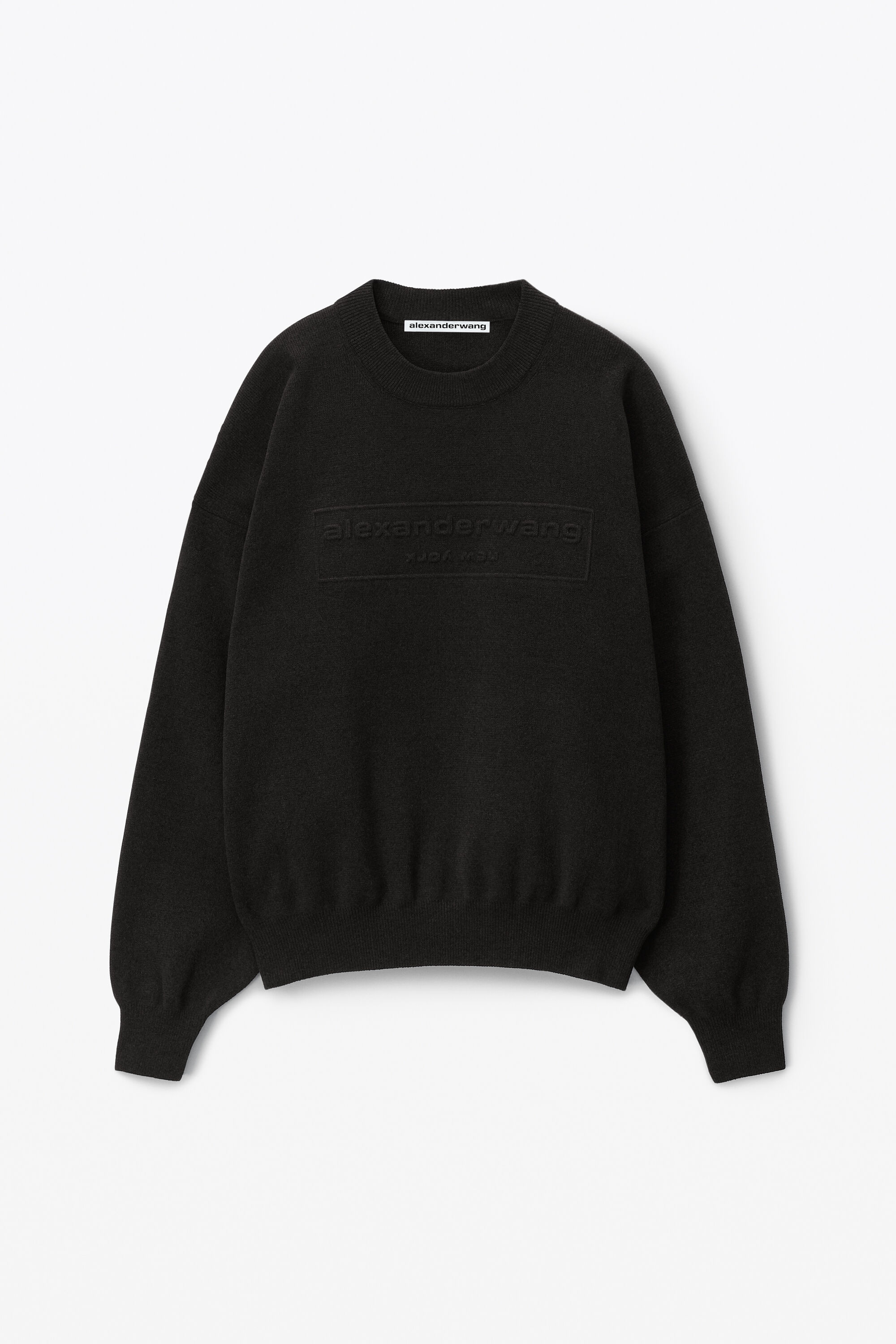 Logo Embossed Ribbed Pullover in Soft Chenille in BLACK 