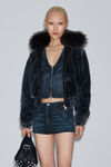 Alexander Wang black crackle indigo clear crystal hotfix moto micro short in cotton denim