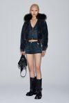 Alexander Wang black crackle indigo clear crystal hotfix moto micro short in cotton denim