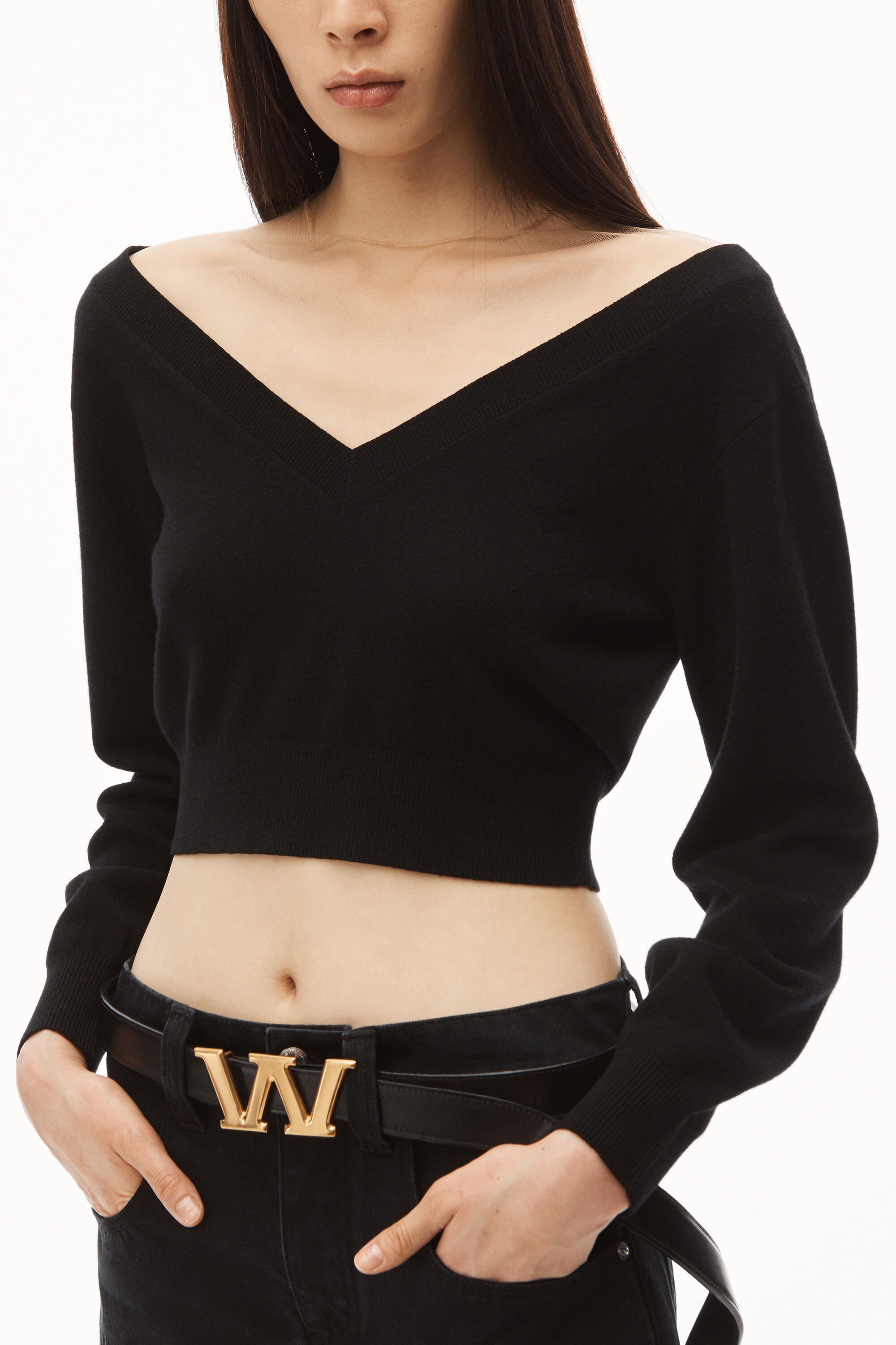 alexanderwang CROP TOP IN ILLUSION TULLE WOOL CASHMERE BLACK