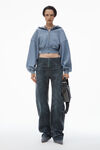 Alexander Wang washed vintage blue felpa corta in cotone con zip e cappuccio