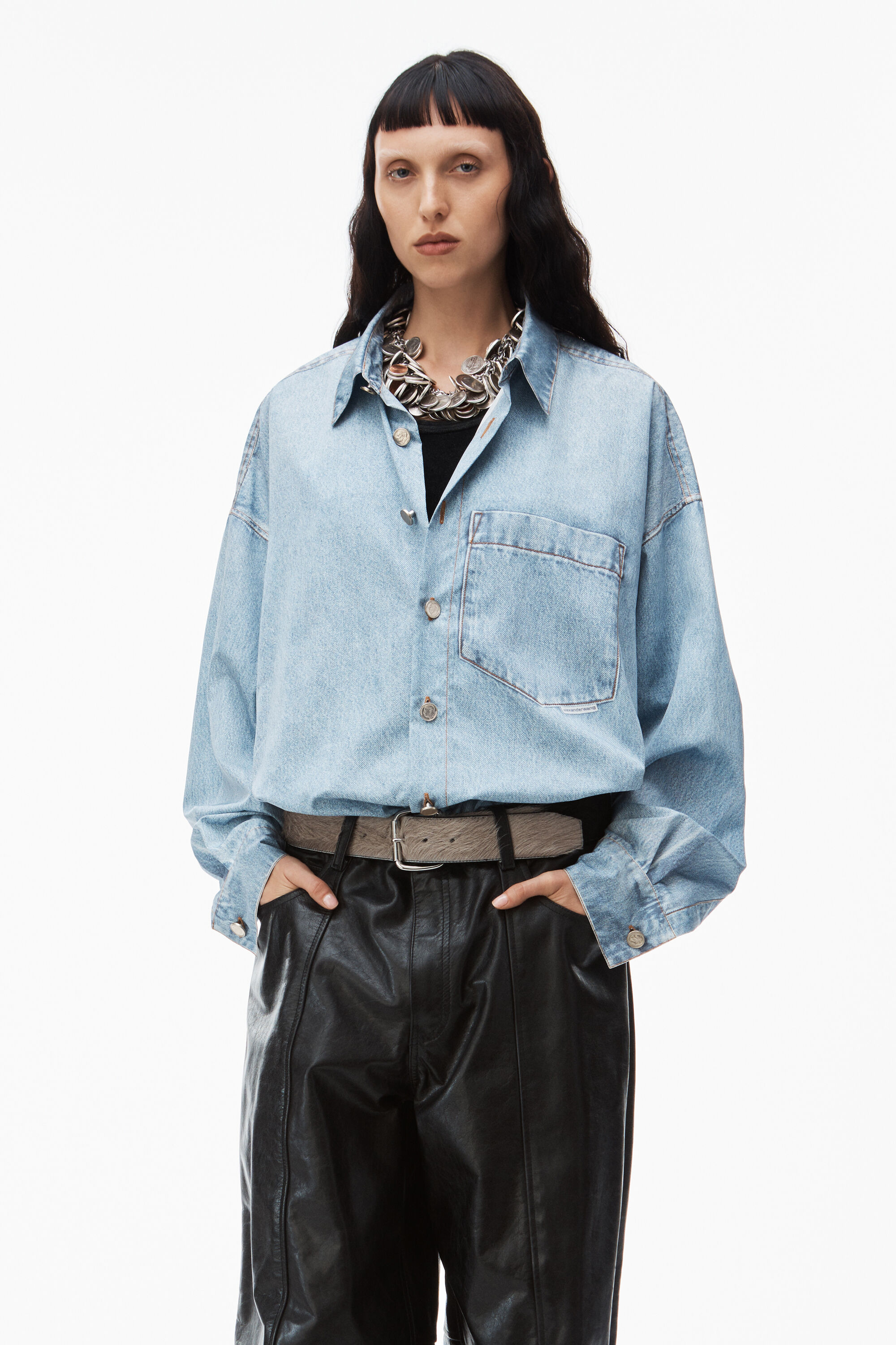 printed denim shirt in nylon in VINTAGE FADED INDIGO 