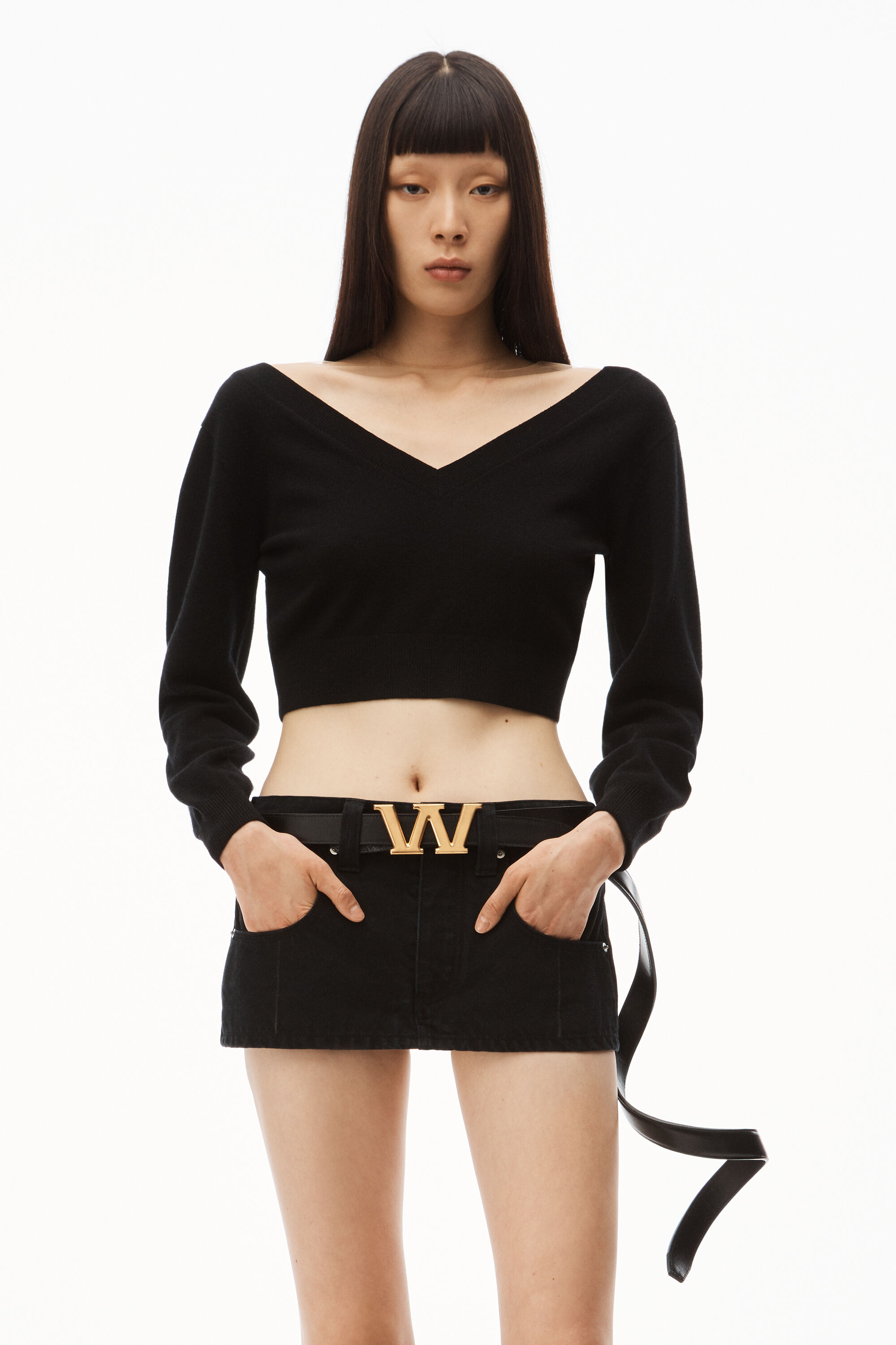 alexanderwang CROP TOP IN ILLUSION TULLE WOOL CASHMERE BLACK