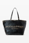 Alexander Wang black/ cream borsa tote grande in pelle con effetto spazzolato e logo martellato