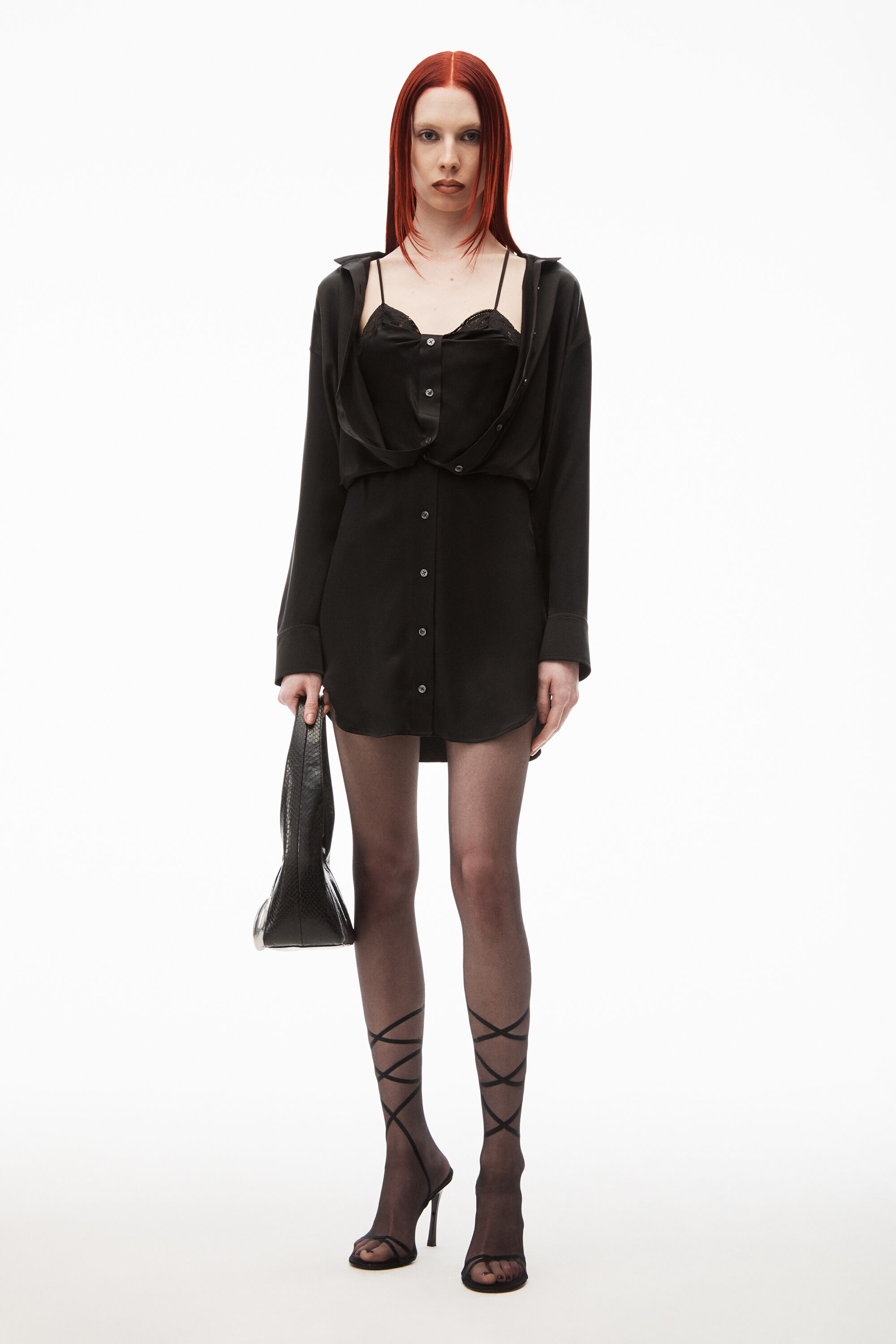 layered shirt dress in silk charmeuse in BLACK | alexanderwang®