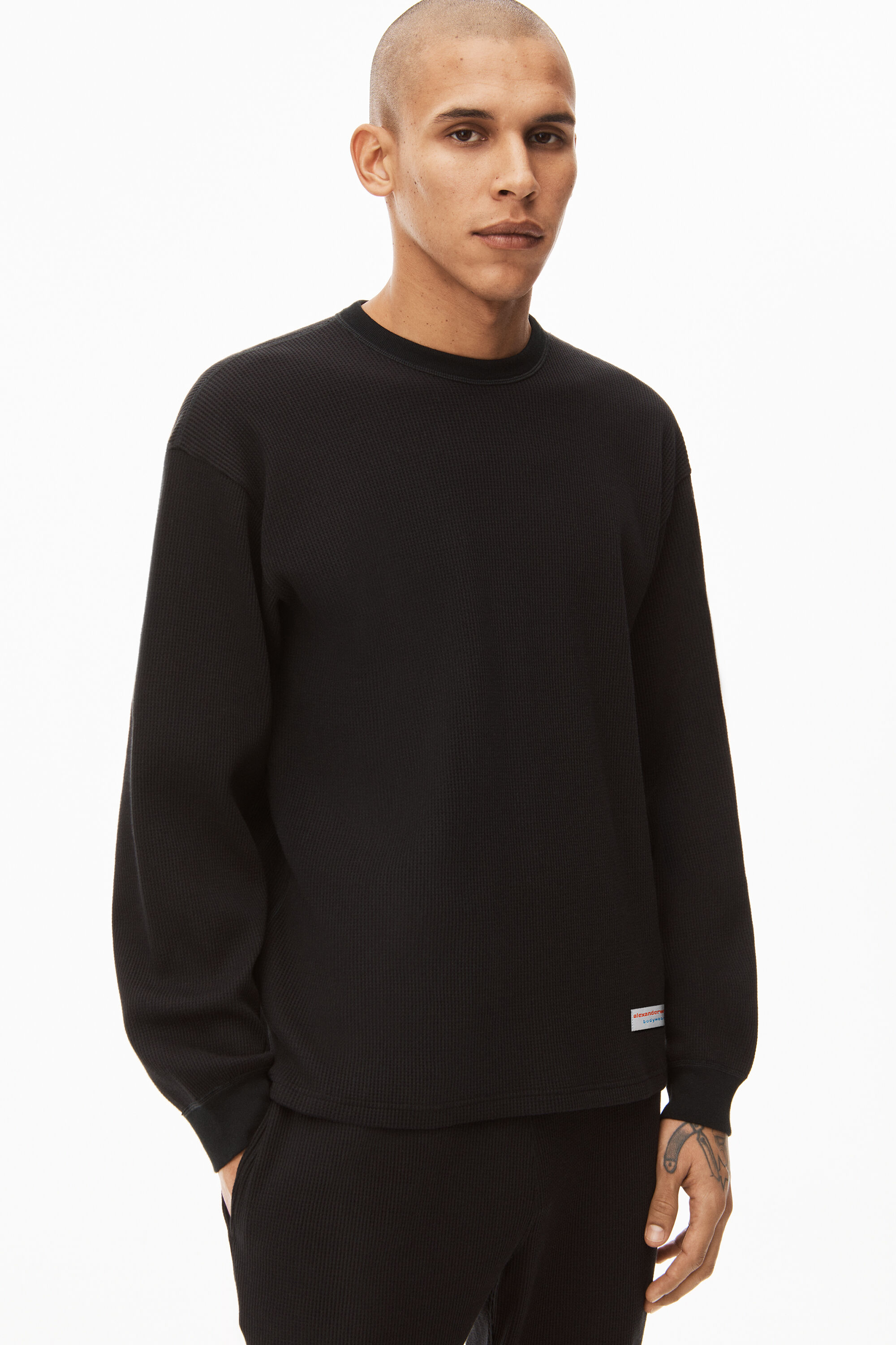 alexanderwang UNISEX LONG SLEEVE IN COTTON WAFFLE THERMAL BLACK