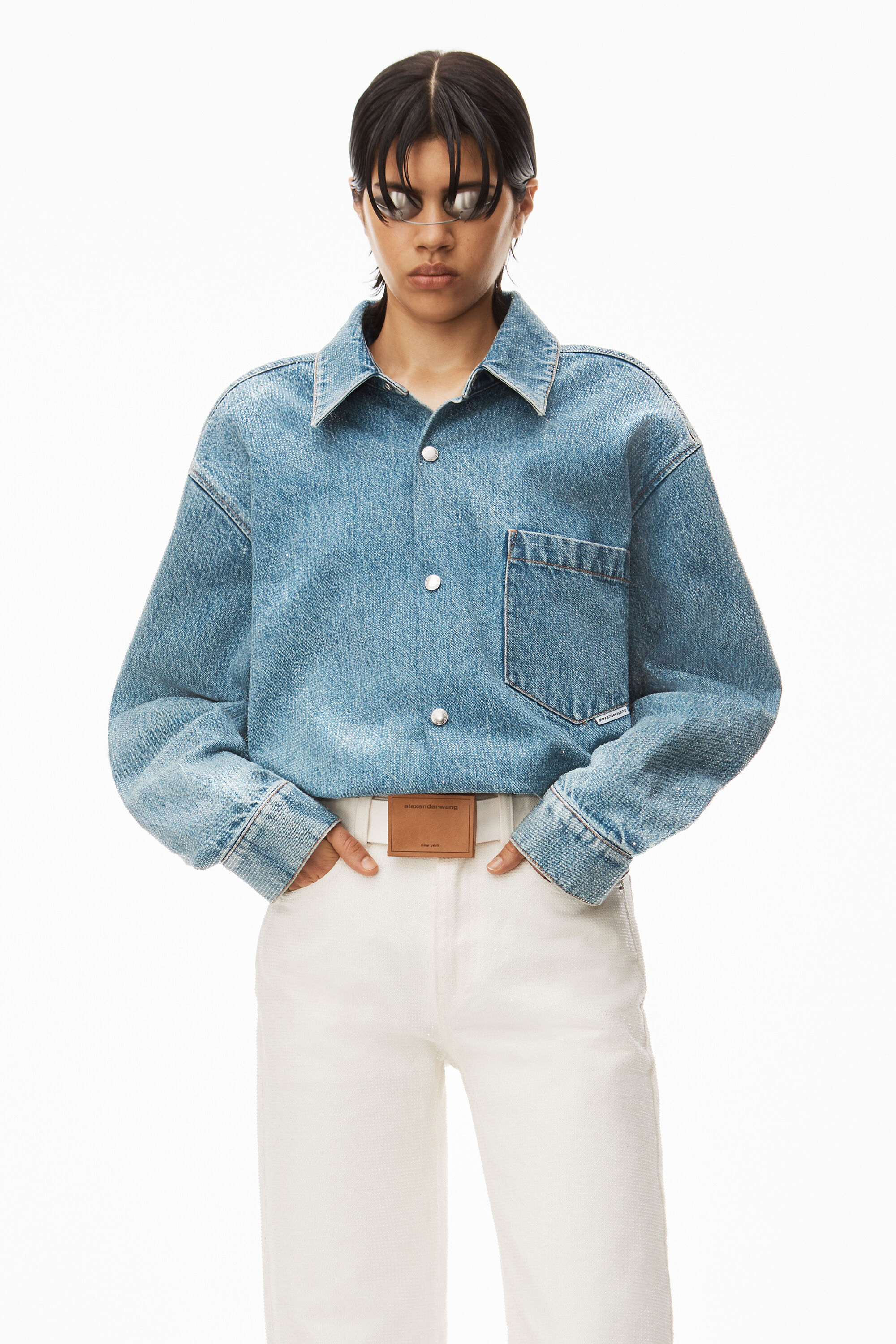 alexanderwang CLEAR HOTFIX OVERSIZED SHIRT IN DENIM VINTAGE LIGHT