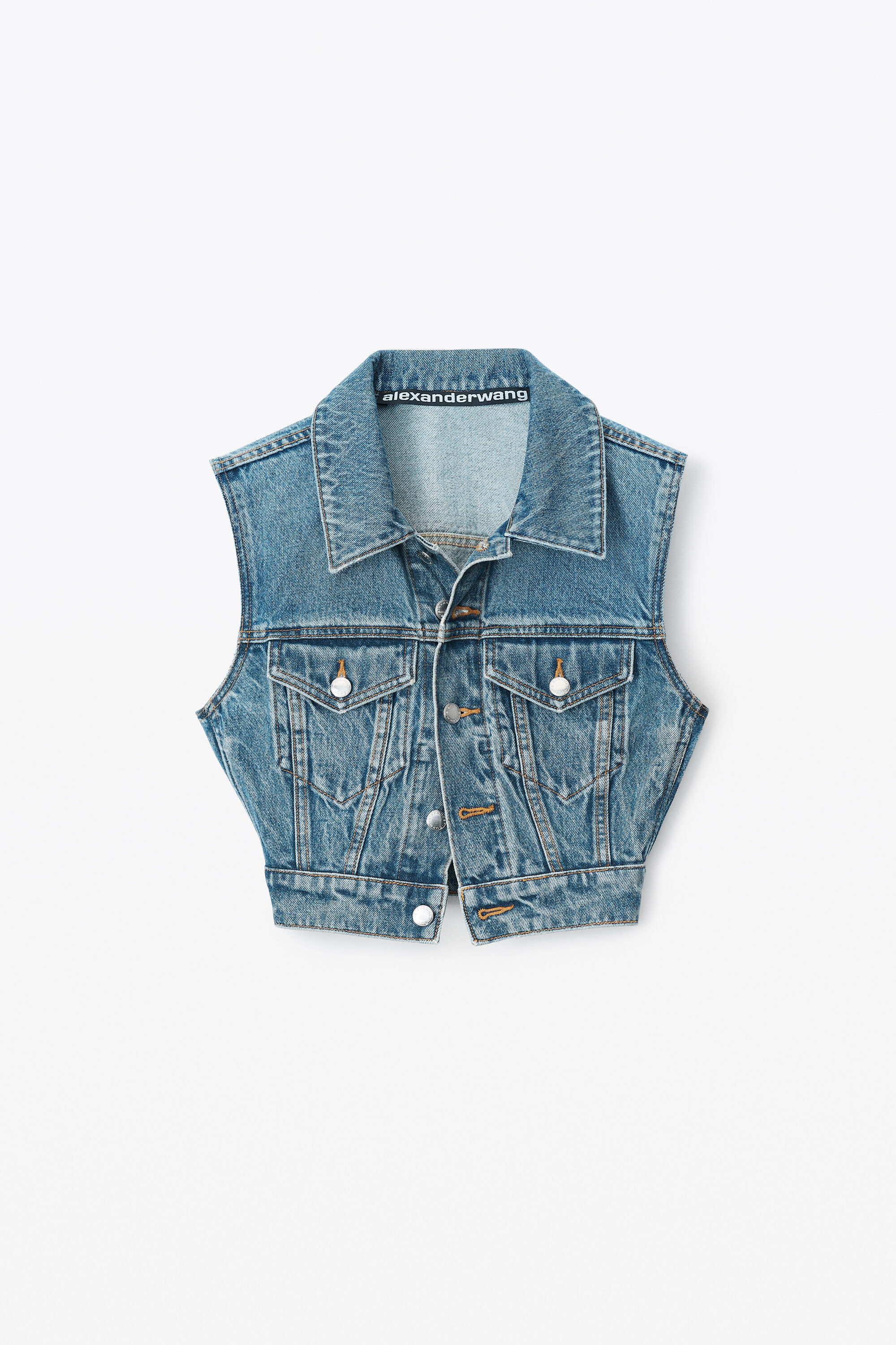 alexanderwang SHRUNKEN TRUCKER VEST IN DENIM VINTAGE MEDIUM INDIGO 