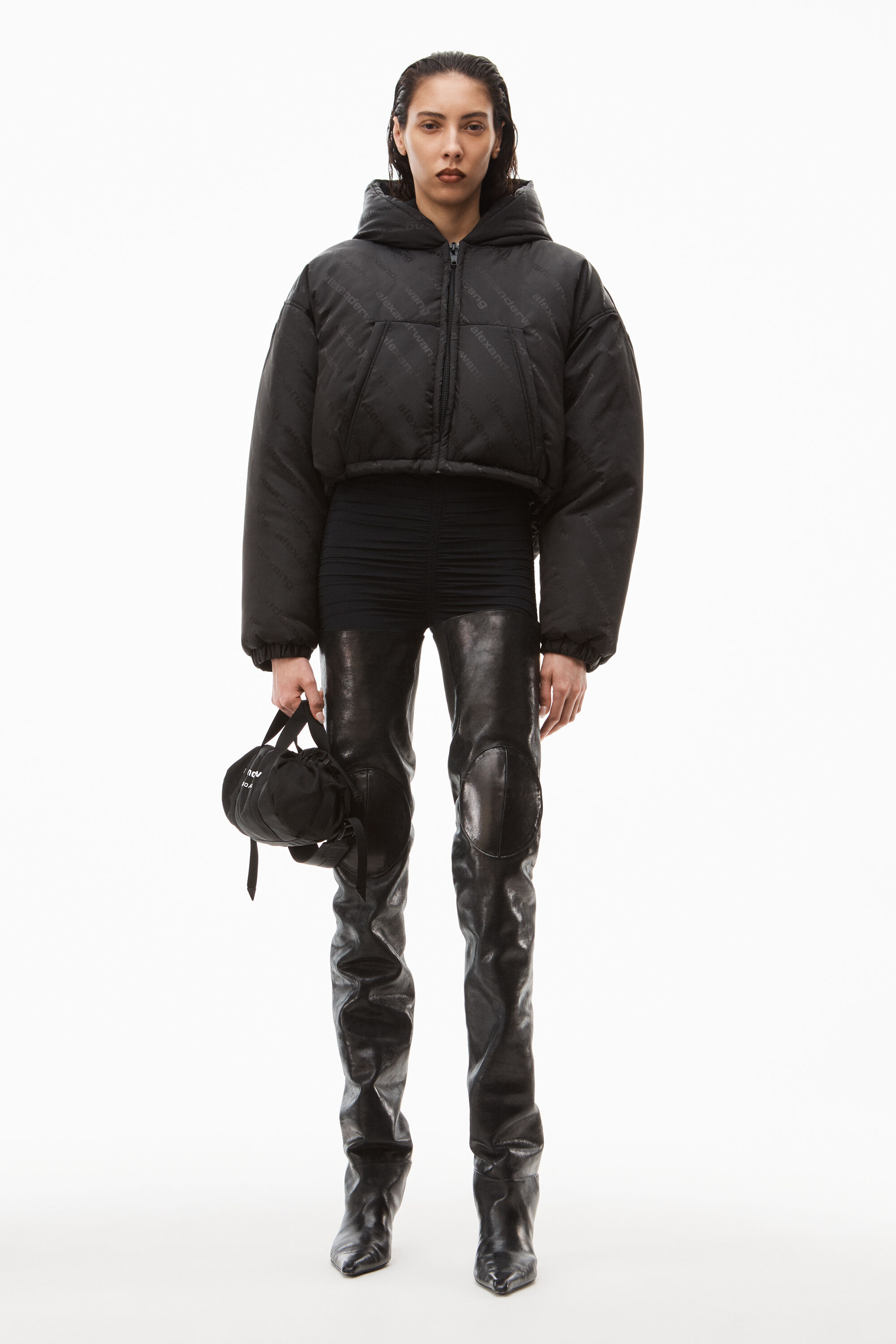 alexanderwang CROP PUFFER IN LOGO JACQUARD NYLON BLACK 