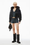 Alexander Wang black crackle indigo clear crystal hotfix moto micro short in cotton denim