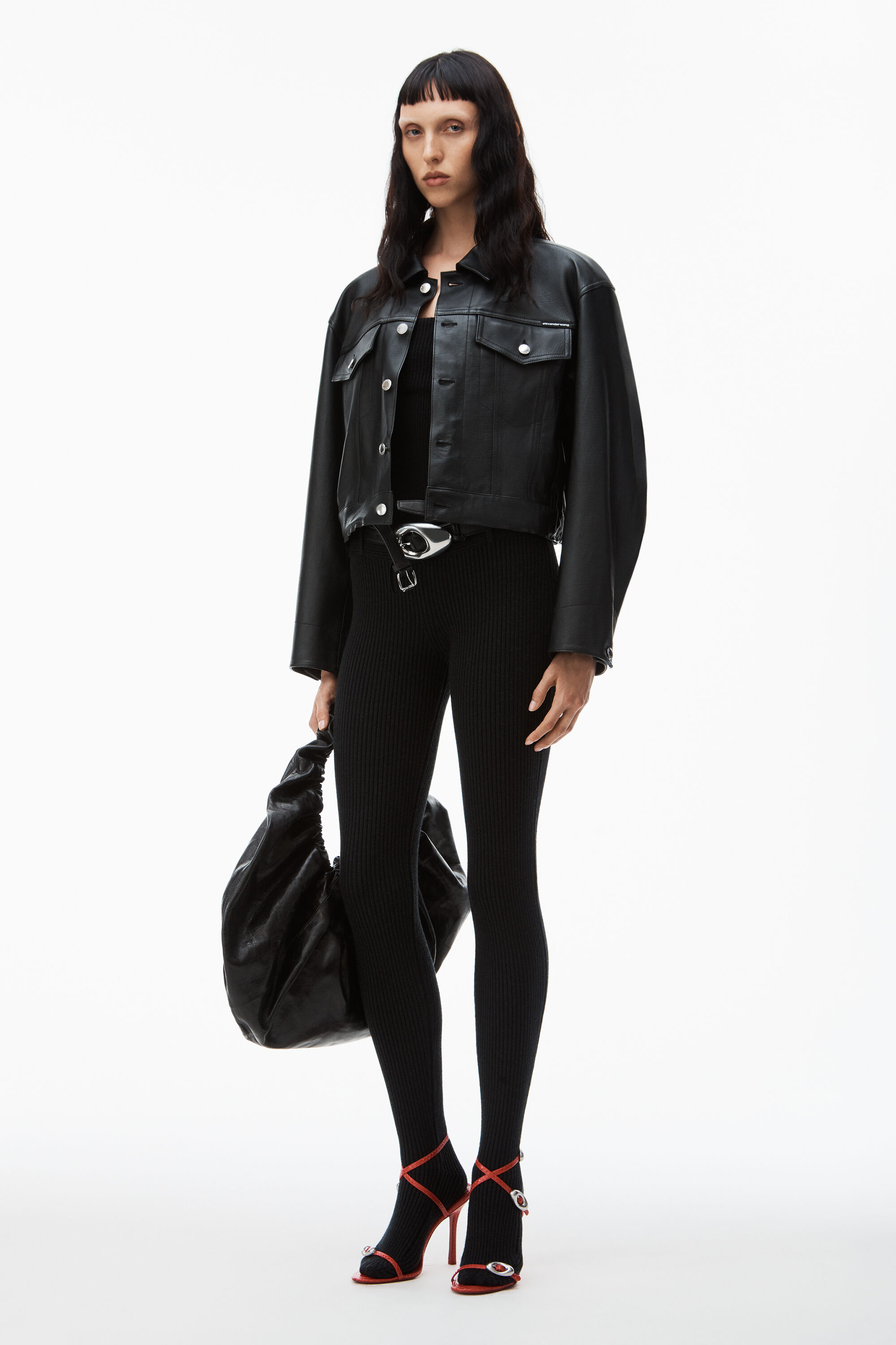 leather jacket with belted waist in BLACK | alexanderwang®