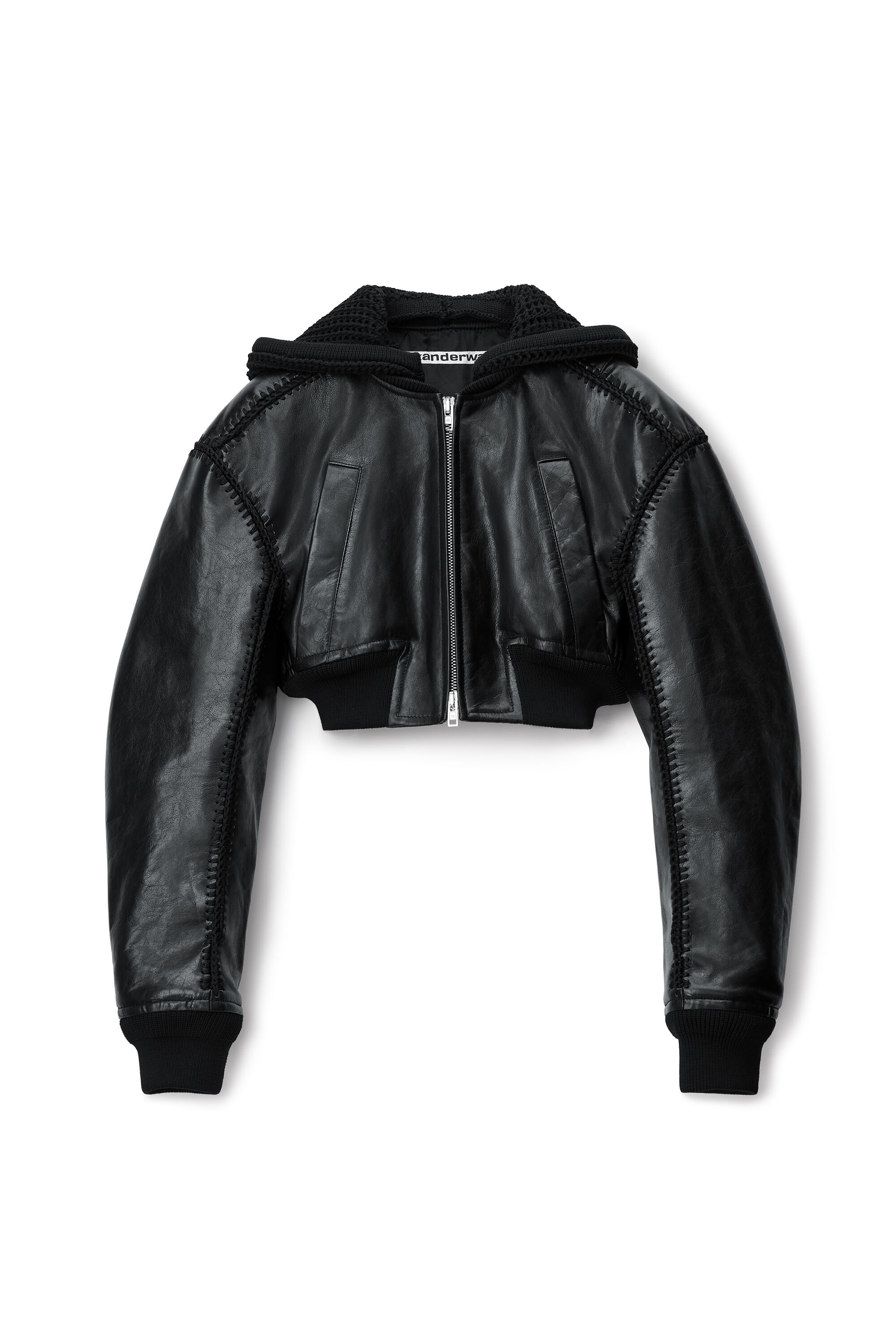 Leather Bomber Jacket With Crochet Hood in BLACK | alexanderwang®