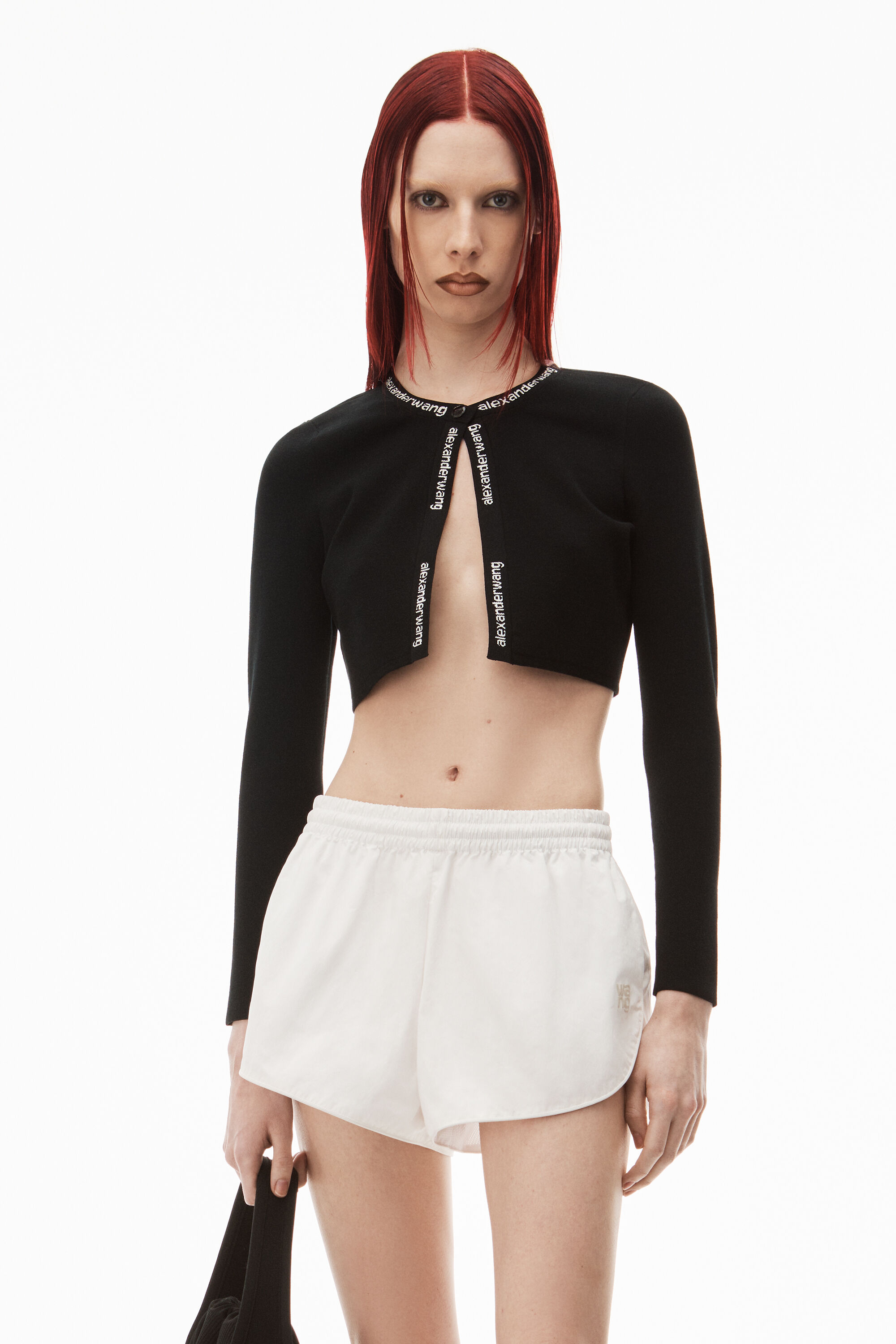 alexanderwang JACQUARD LONG SLEEVE LOGO CARDIGAN IN STRETCH KNIT 