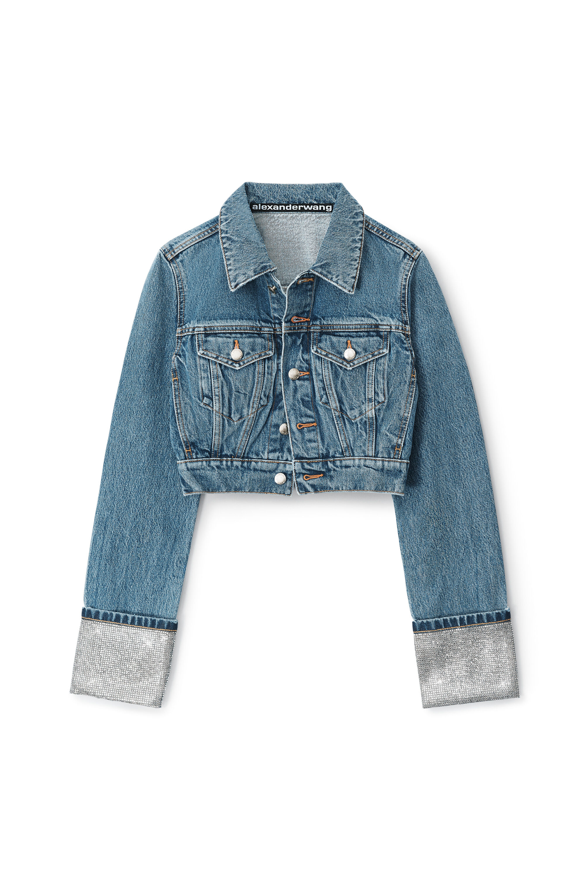 alexanderwang CRYSTAL CUFF TRUCKER JACKET IN DENIM VINTAGE MEDIUM