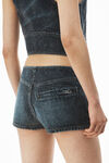 Alexander Wang black crackle indigo clear crystal hotfix moto micro short in cotton denim