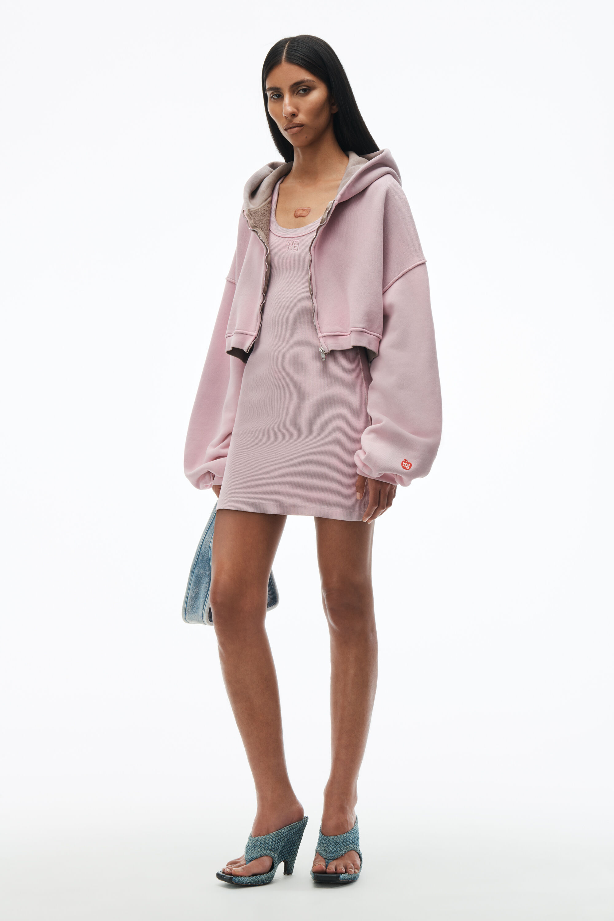 Crop Zip Up Hoodie in Classic Terry in WASHED PINK LACE 