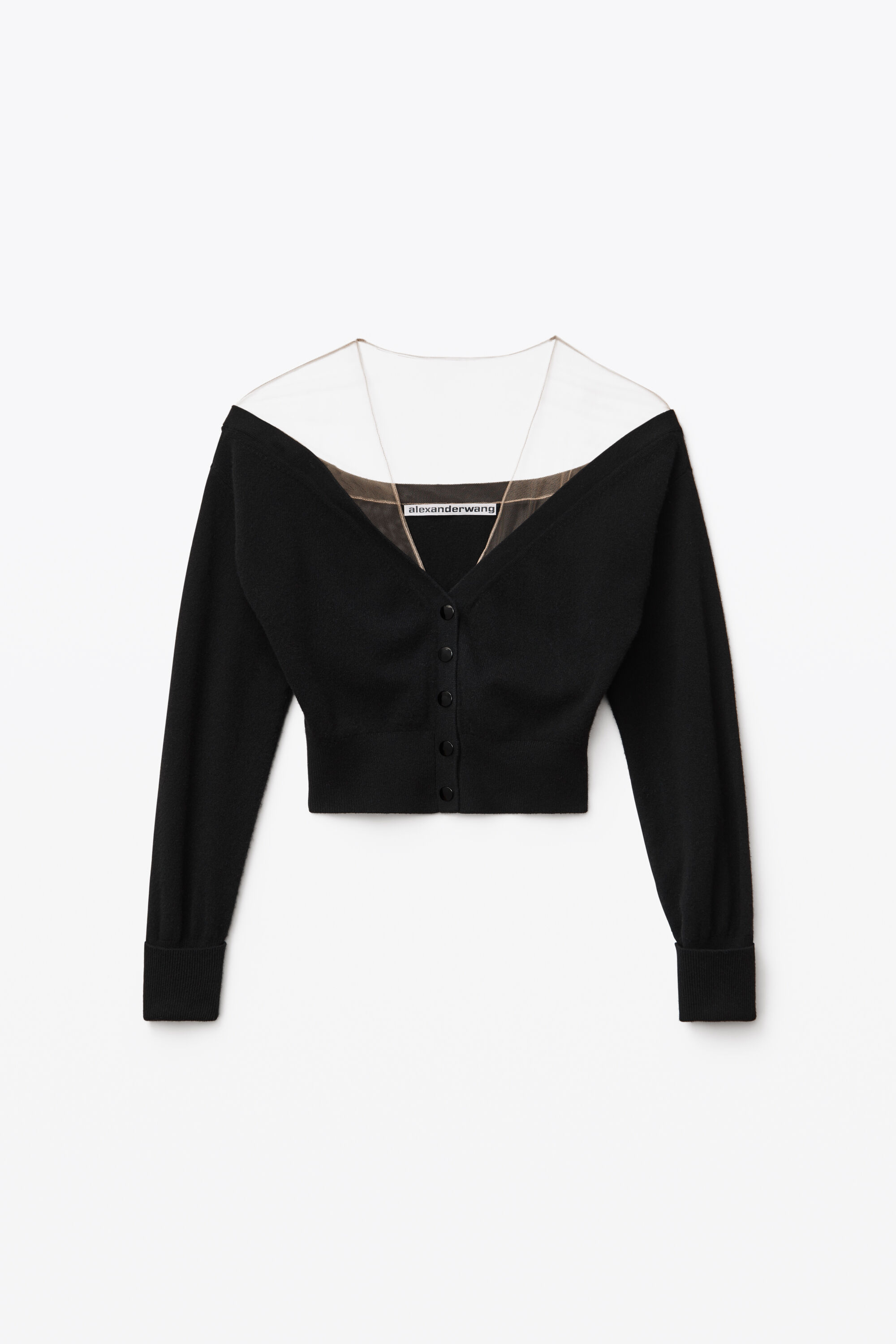 alexanderwang FITTED CROPPED CARDIGAN WITH SHEER YOKE BLACK