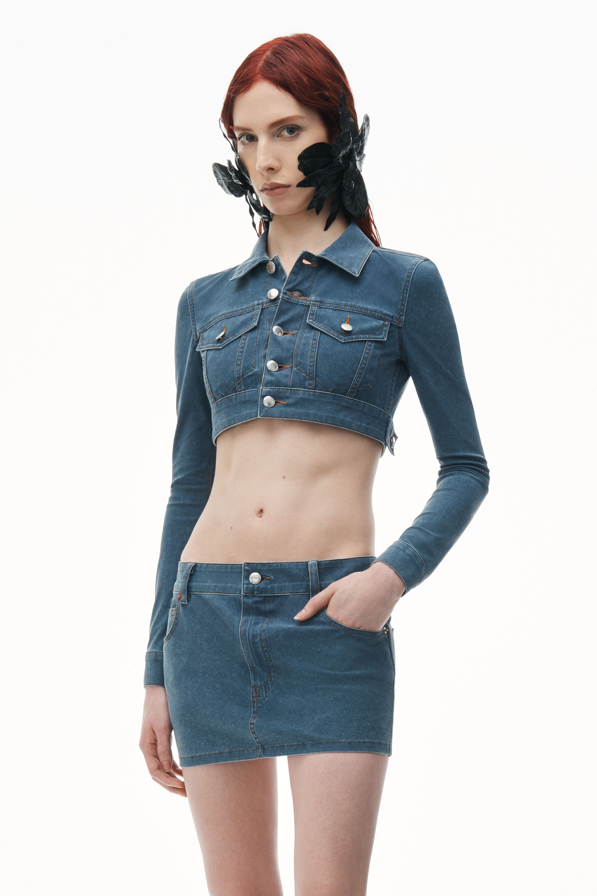 Cropped Jacket in Denim Trompe-L'oeil in DARK NIGHT | bodycon 