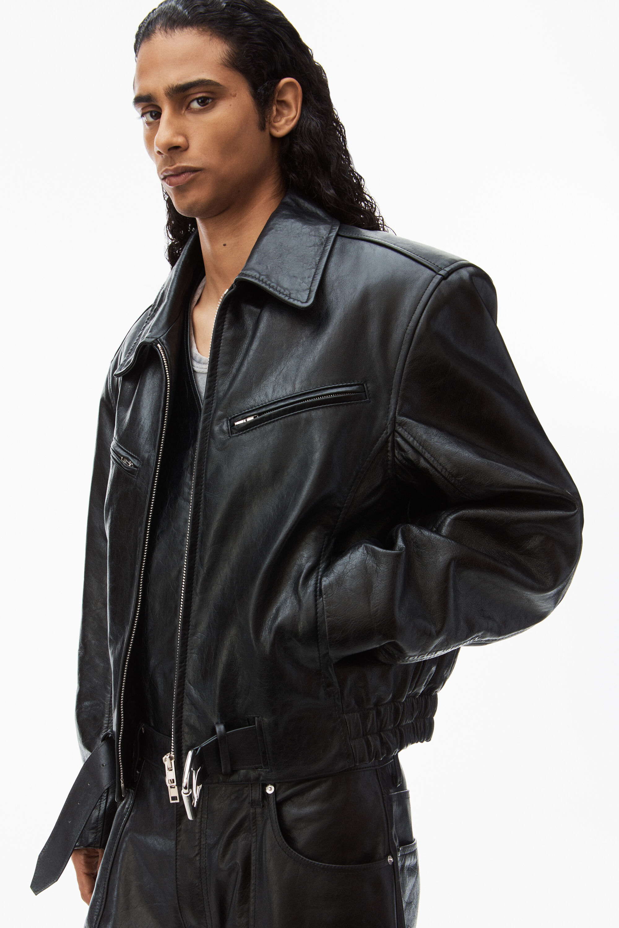 biker jacket in crackle patent leather in BLACK | alexanderwang®