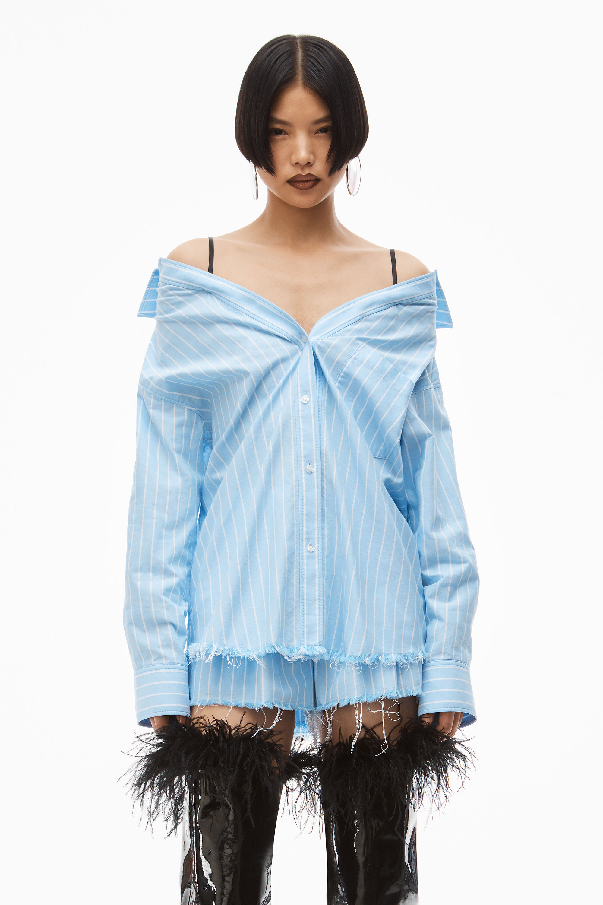 alexanderwang OFF-SHOULDER SHIRT IN STRIPE OXFORD OXFORD BLUE