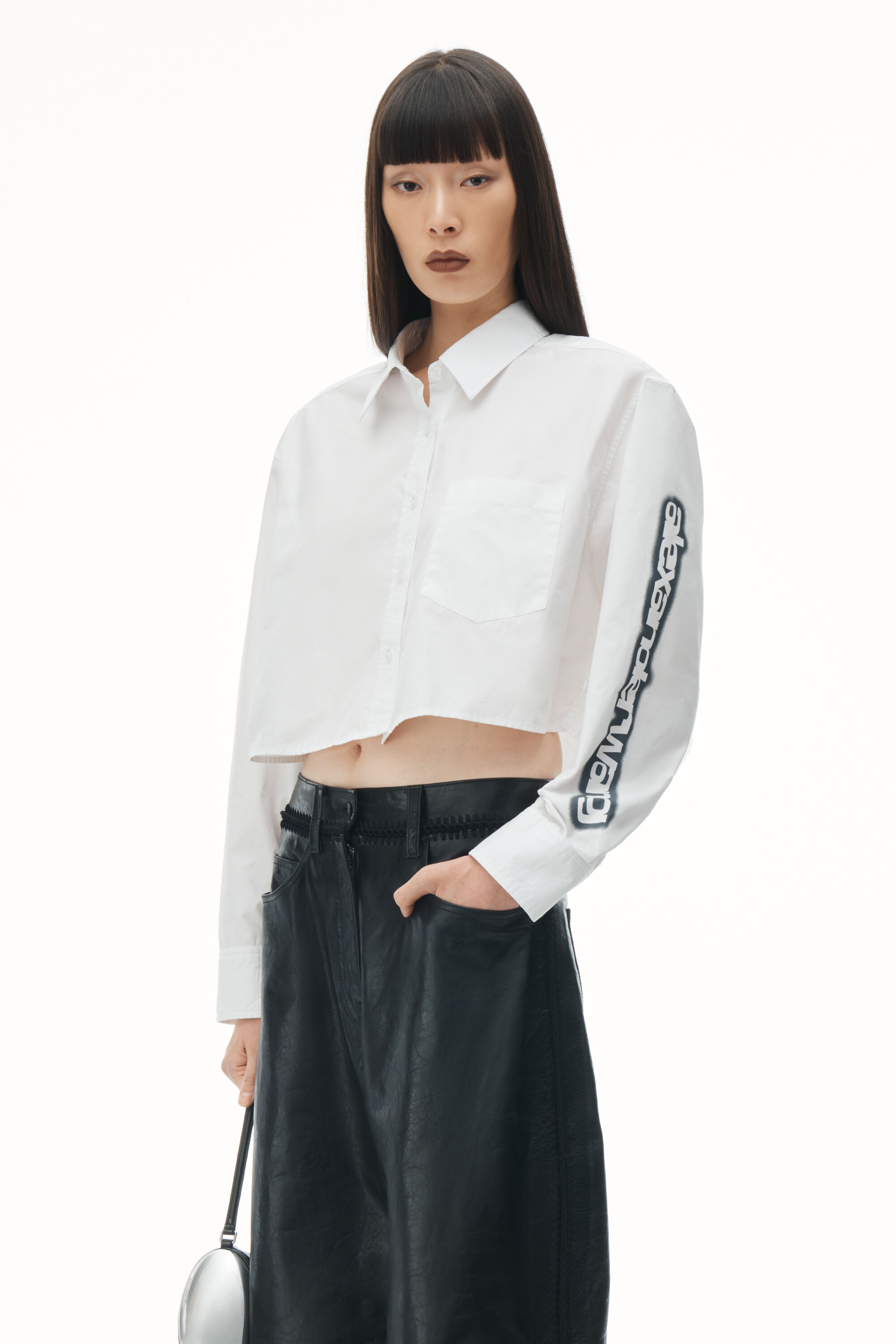 Halo print cropped button-up shirt in WHITE | alexanderwang®