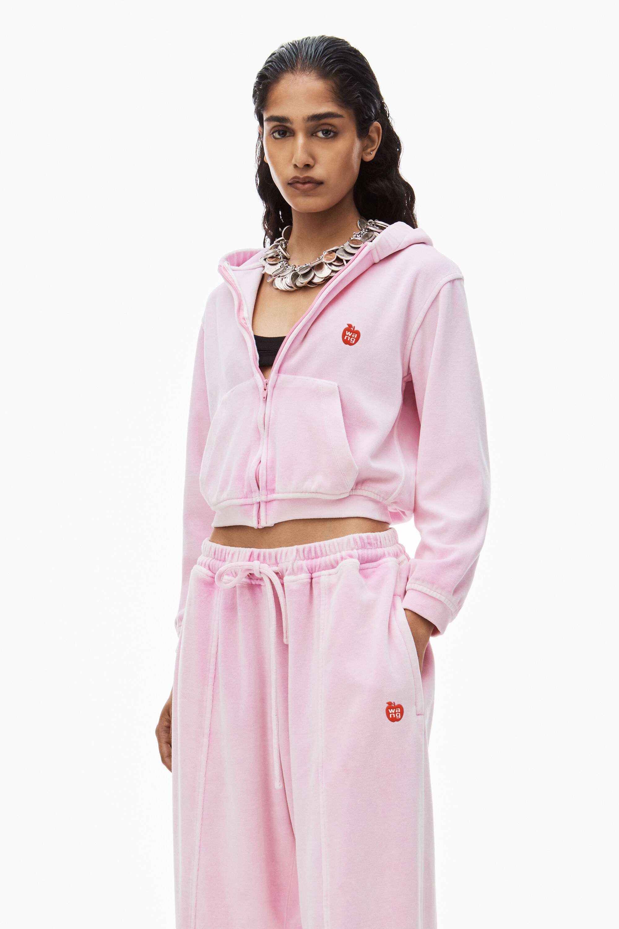 alexanderwang apple logo shrunken zip up hoodie in velour 