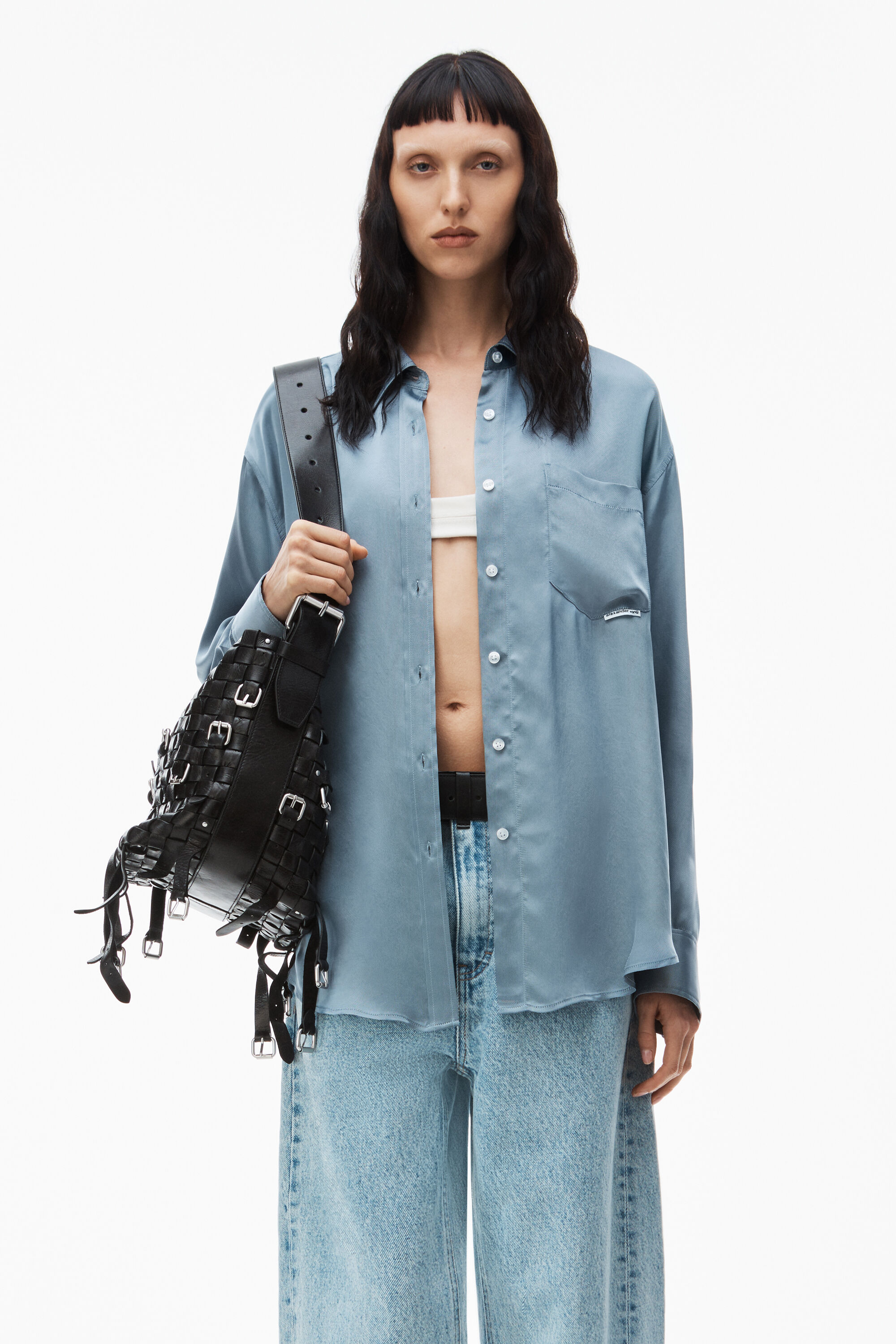 boyfriend shirt in shiny cupro in OXFORD BLUE/BLACK | alexanderwang®