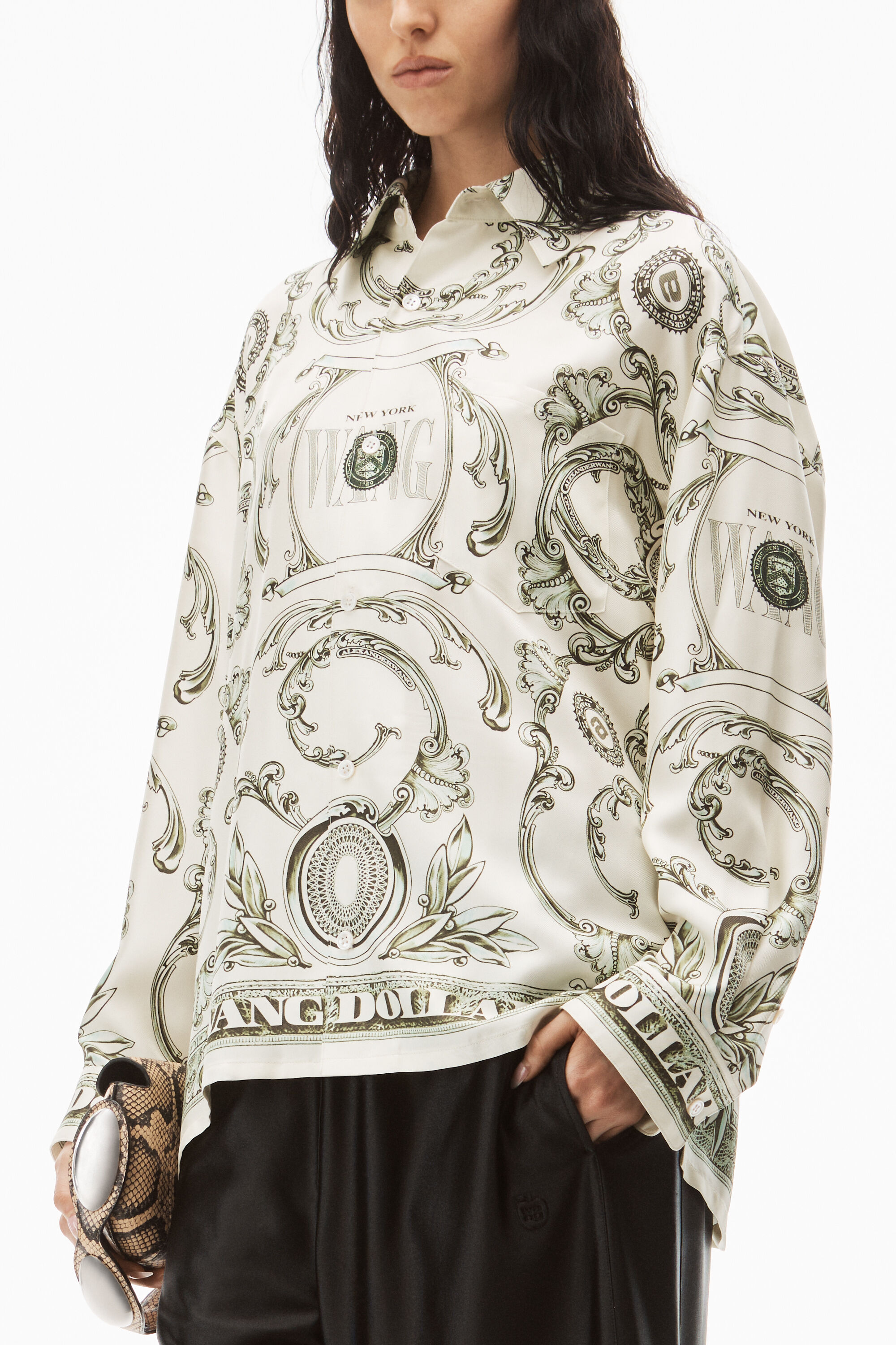 alexanderwang MONEY PRINT BLOUSE IN HEAVY SILK TWILL IVORY/GREEN