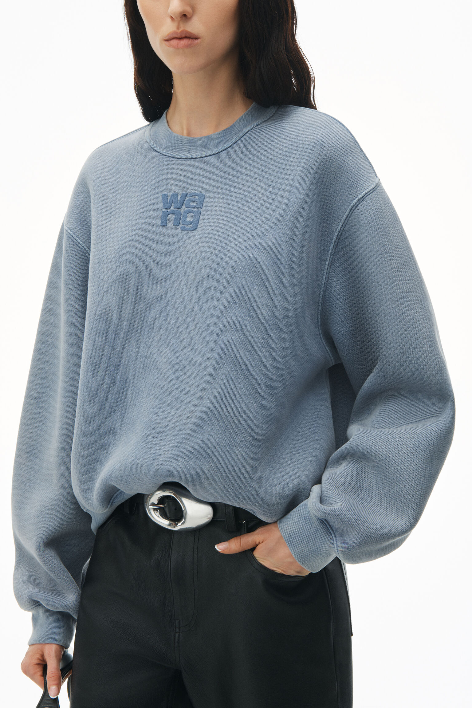 Oversized mock-neck sweatshirt in interlock jersey with rhinestone EA logo