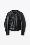 collarless croc-embossed leather jacket