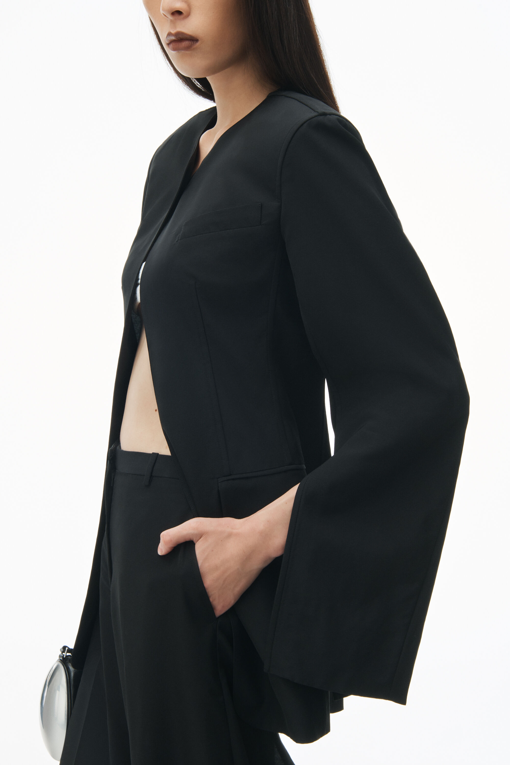 Collarless Tailored Jacket With Slits in Wool Blend in BLACK | welt 