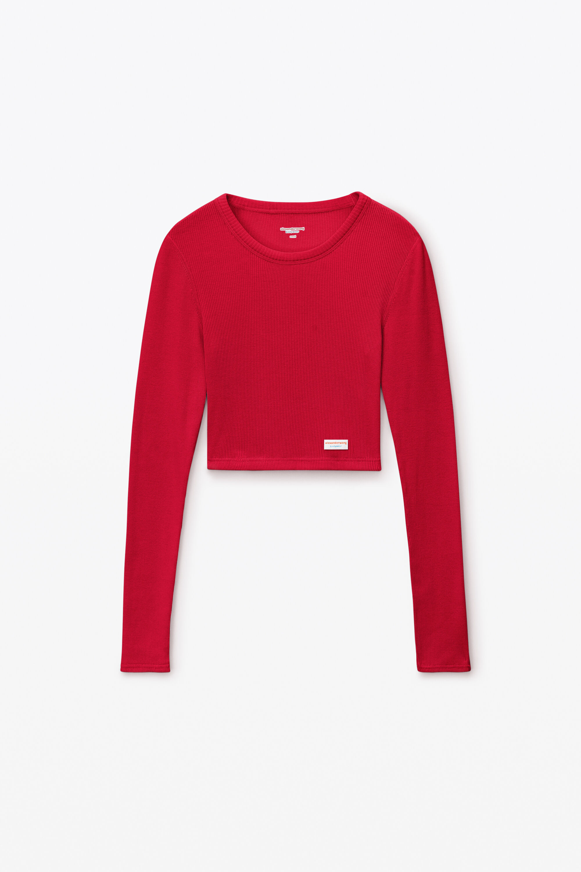 Cropped Long-Sleeve Tee in Ribbed Cotton Jersey in BARBERRY 